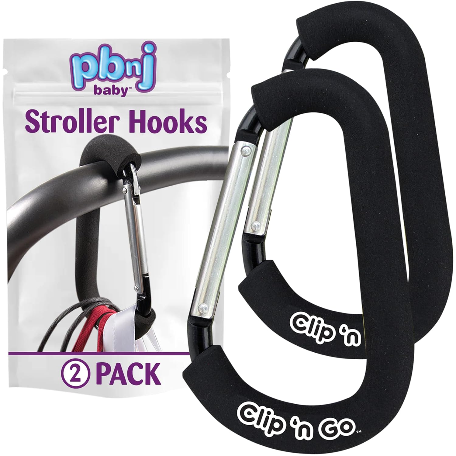 PBnJ Baby Stroller Hooks, 6.6″ Extra Large Carabiner Clip, 2 Pack — Heavy Duty Stroller Clips for Hanging Bags, Patented Foam Handle Mommy Hook, Stroller Accessories for Shopping Purse Grocery Bag