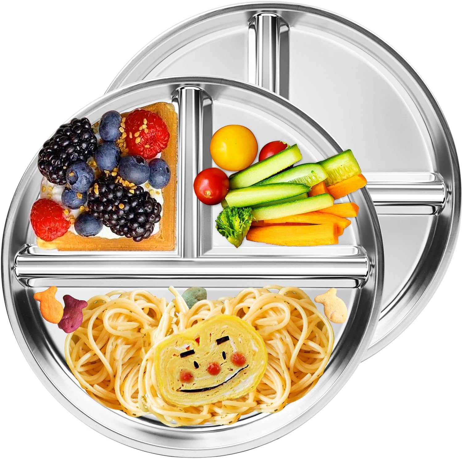 Bakpoco Stainless Steel Kids Plates 2 Packs, 9″ Toddlers Divided Plates, Portion Control Plate for Bariatric Adults, Non Toxic Unbreakable Baby Dinner Dishes, 304 Metal Camping Food Tray