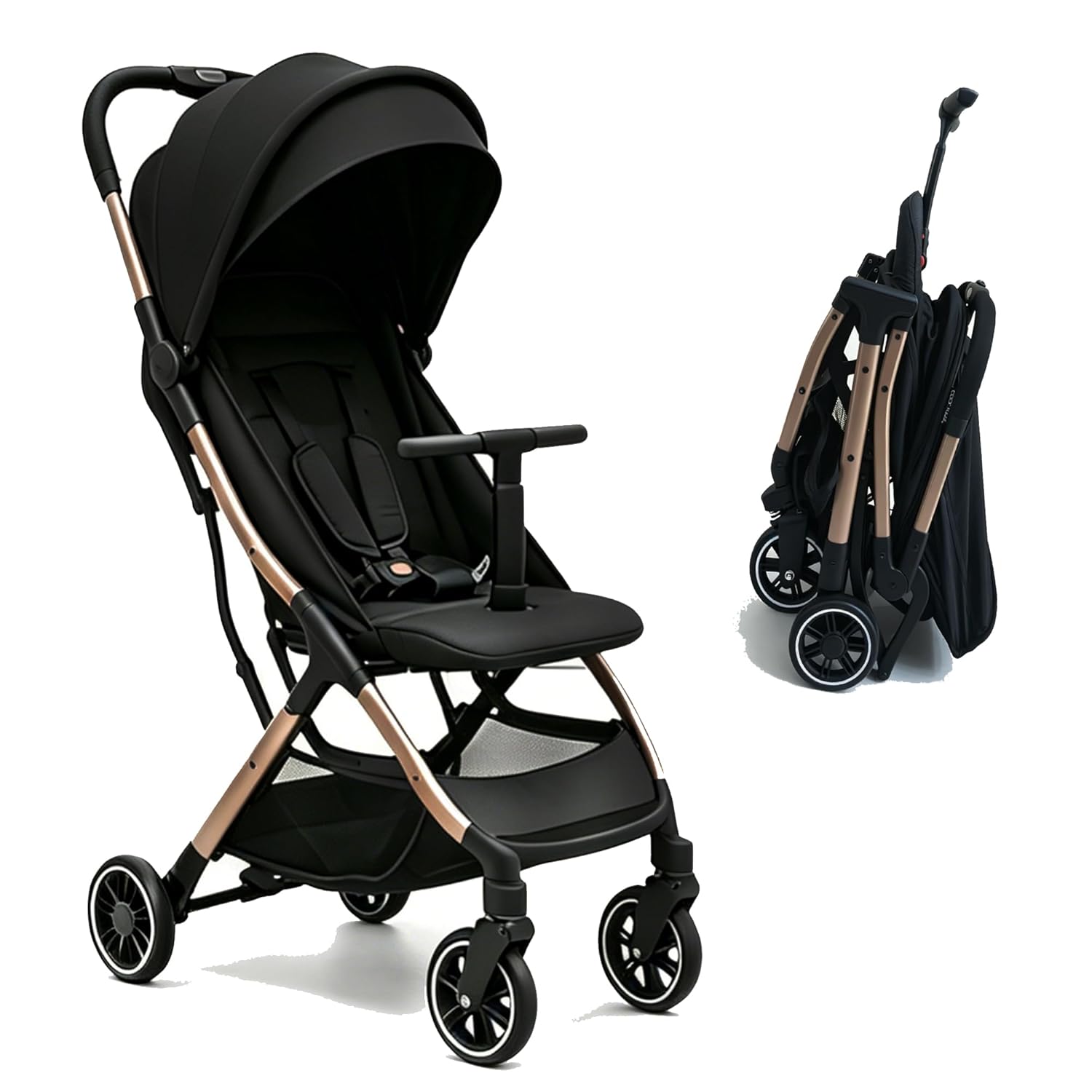 Cool Kids Superb Lightweight Travel Stroller, Auto Fold Buggy Rose Gold | Need an airplane approved toddler stroller? Slide folded rose gold pram like rolling luggage through airport security.