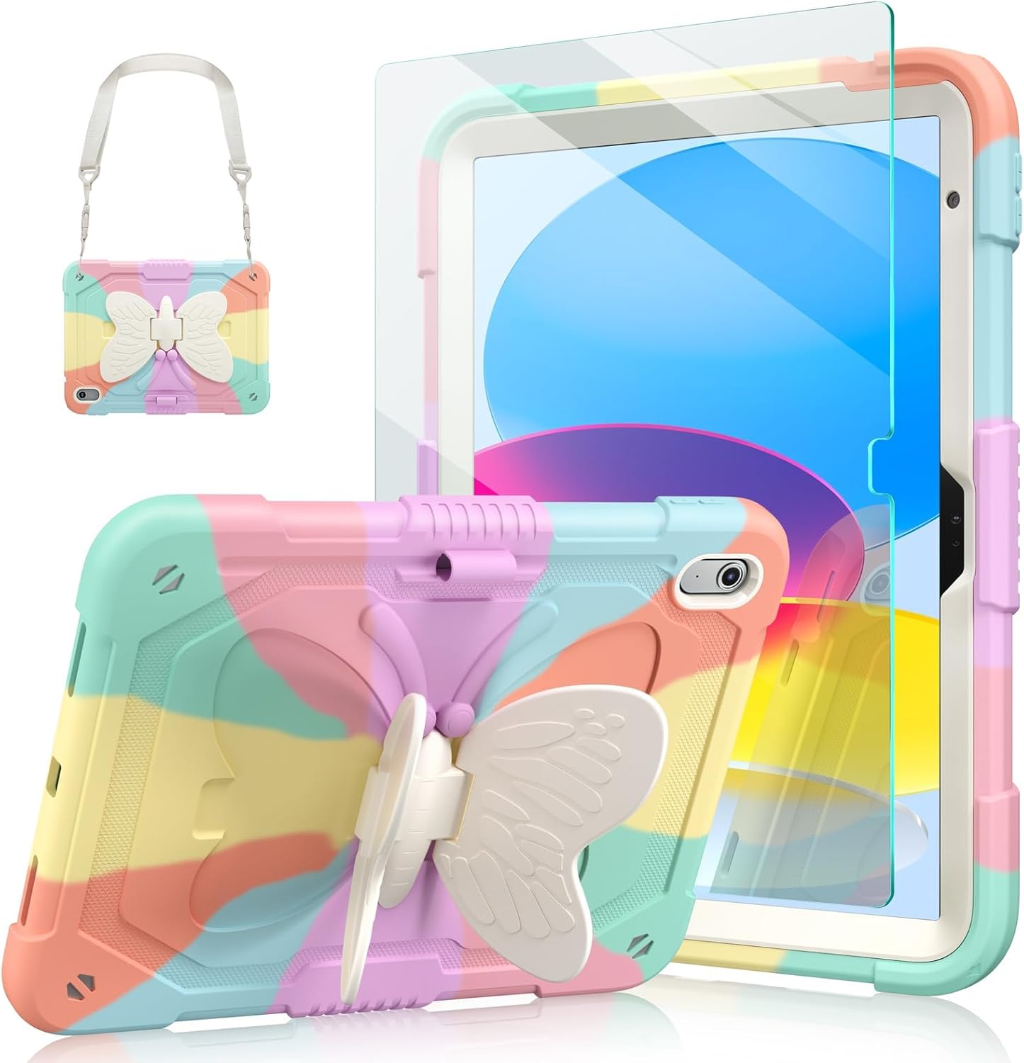 Ambison Case for iPad (A16) 11th/10th Generation (2025/2022) 11”/10.9” for Kids Girls with 9H Tempered Glass Screen Protector, Heavy Duty Protective with Butterfly Stand, Carrying Strap-Multicolor