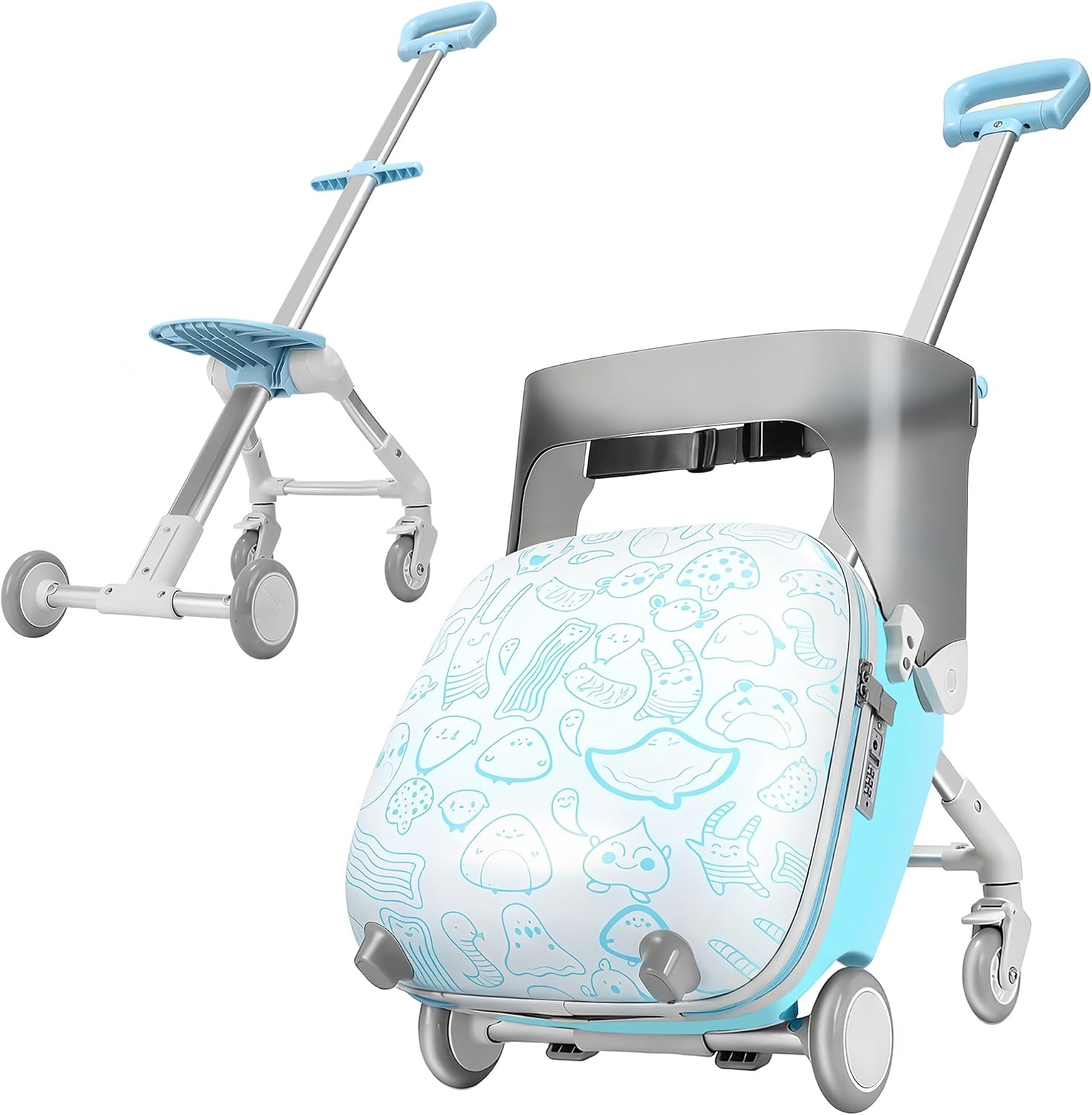 Kids Ride-on Luggage with Seat, 20 inch Carry On Suitcase, 2-in-1 Children’s Luggage with Shockproof Silent Wheels and Guardrail for Airplane & Travels