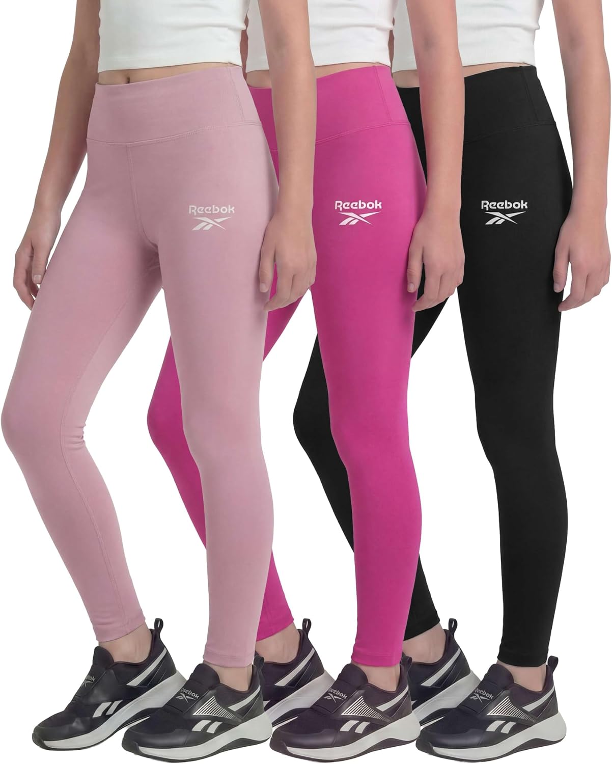 Reebok 3 Pack: Girls Leggings Athletic Dance Cheer Workout Pants for Kids Teens Tweens Youth Activewear Bottoms – (Size 6-16)