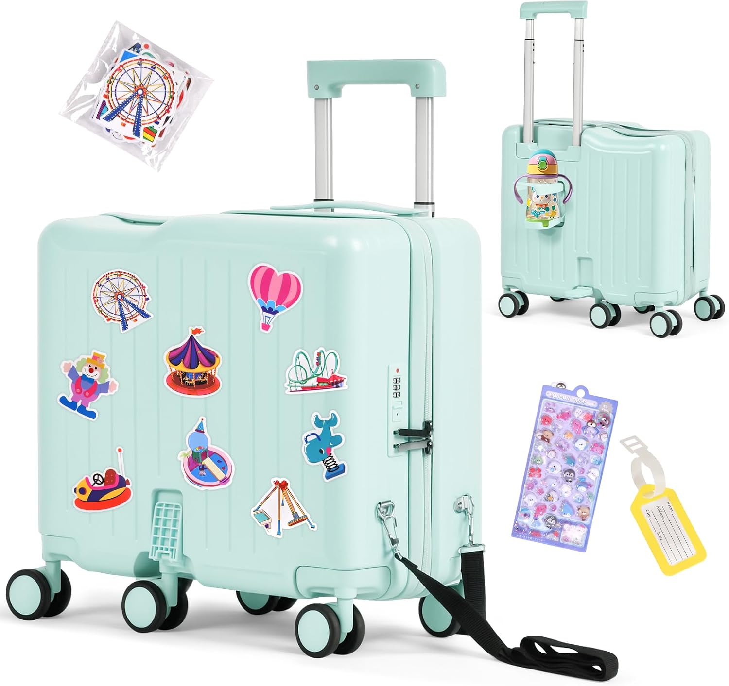 smilesun Kids Ride-On Luggage, 20″ Hardshell Carry-On Suitcase with 6 Spinner Wheels, Foldable Pedal, Hidden Cup Holder & Combination Lock for Toddlers & Children (Green, 20-inch)