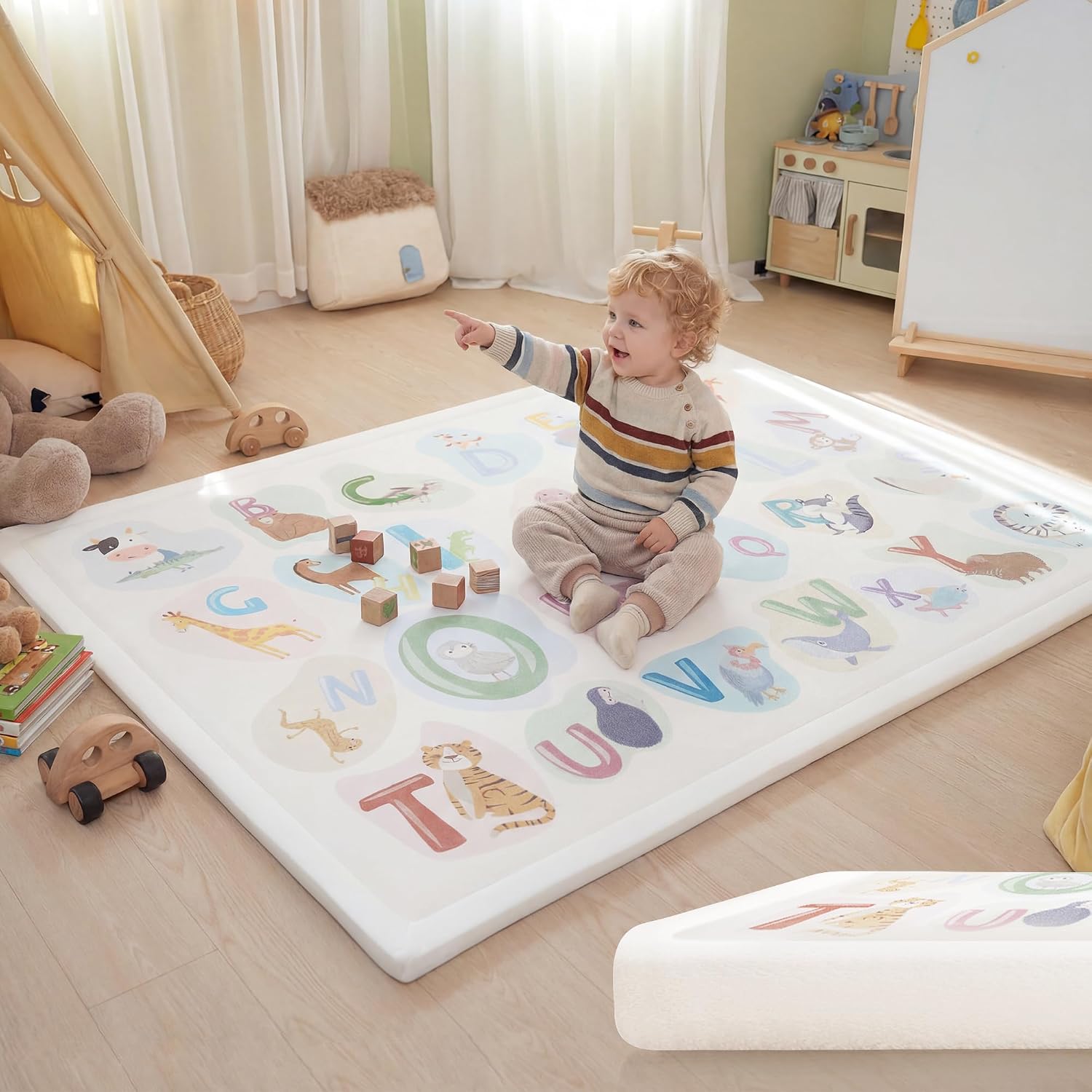 1.3″ Thick Educational Baby Floor Play Mat 59×79, Basic Padded Memory Foam Kids Mat, Non-Slip Plush Playmat for Nursery Playroom Classroom (ABC Animal)