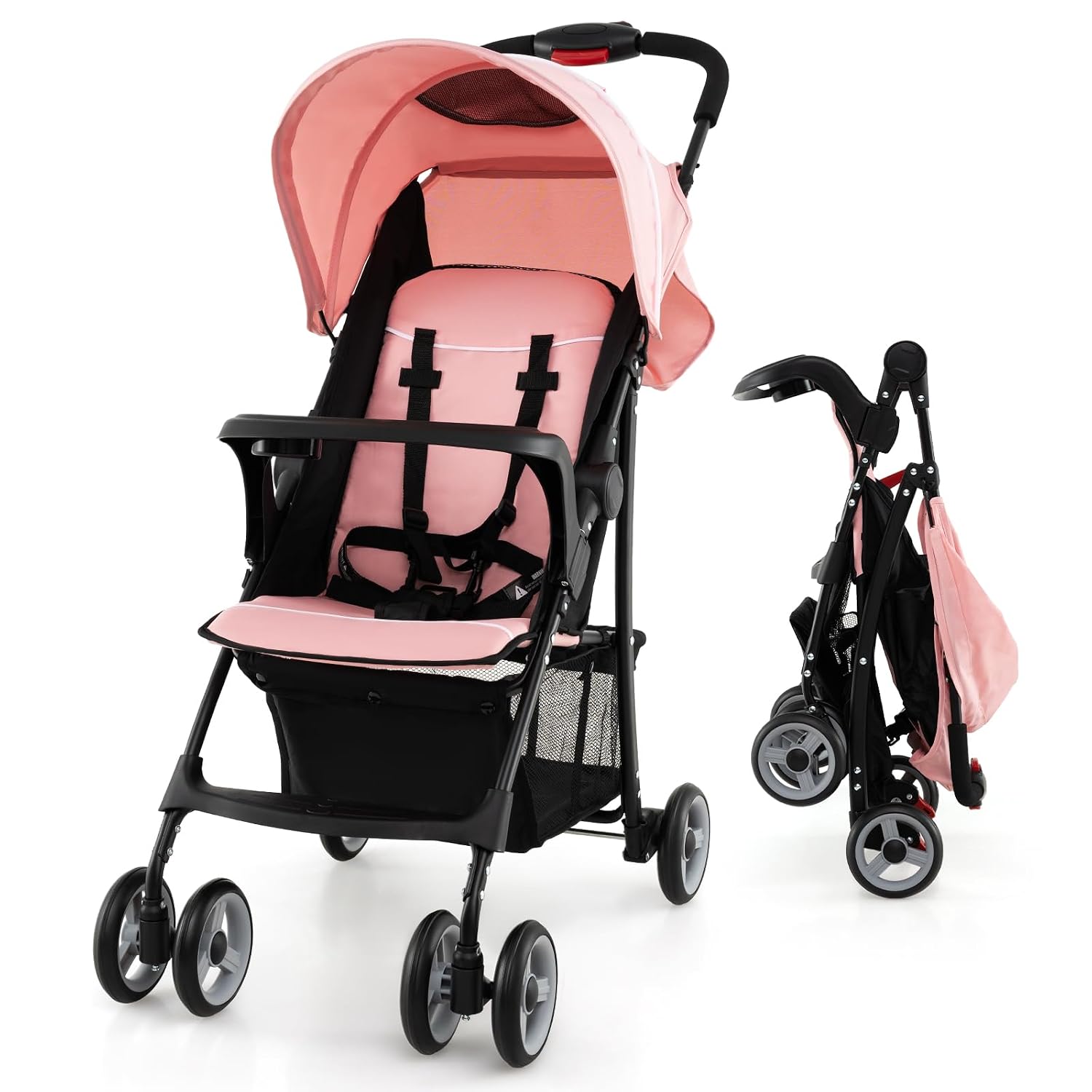 Baby Joy Lightweight Stroller, Compact Toddler Travel Stroller for Airplane, Infant Stroller w/Adjustable Backrest/Footrest/Canopy, 5-Point Harness, Storage Basket, Easy One-Hand Fold (Pink)