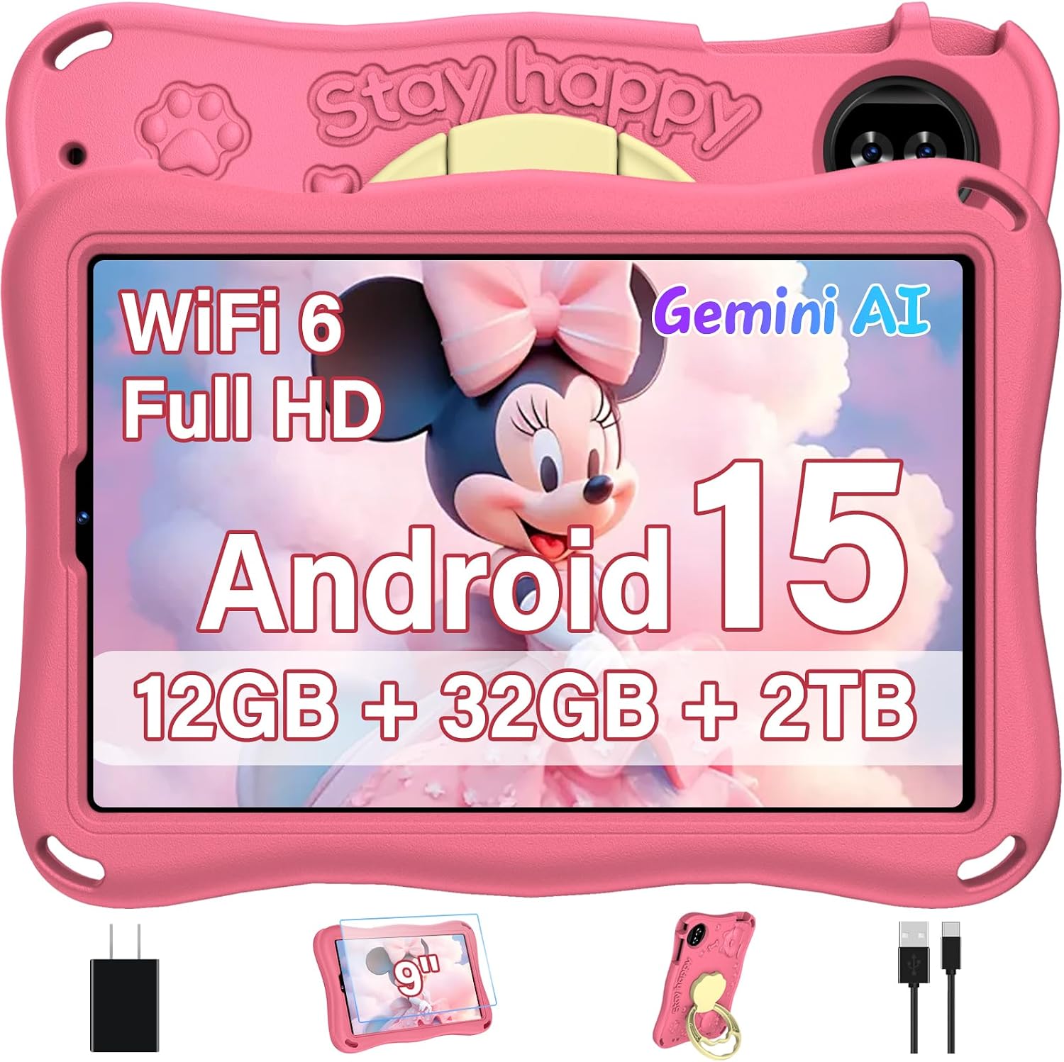 Kids Tablet, Android 15 Tablets for Kids with Octa-Core, 9 inch Toddler Tablet with 12GB 32GB 2TB Expand, 1340*800 IPS Display, Drop-proof EVA Case, Parental Control, Dual Camera, WiFi 6 – Pink