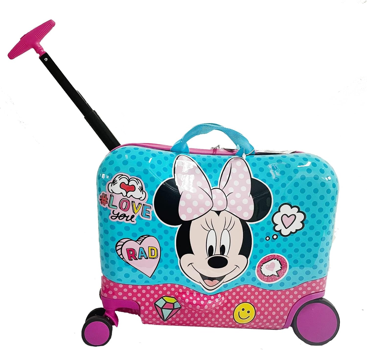 Fast Forward Disney Minnie Mouse Ride on Suitcase for Kids, 18” Toddler Carry-On Luggage With Wheels, Cute Lightweight Kids Travel Suitcase Trolley