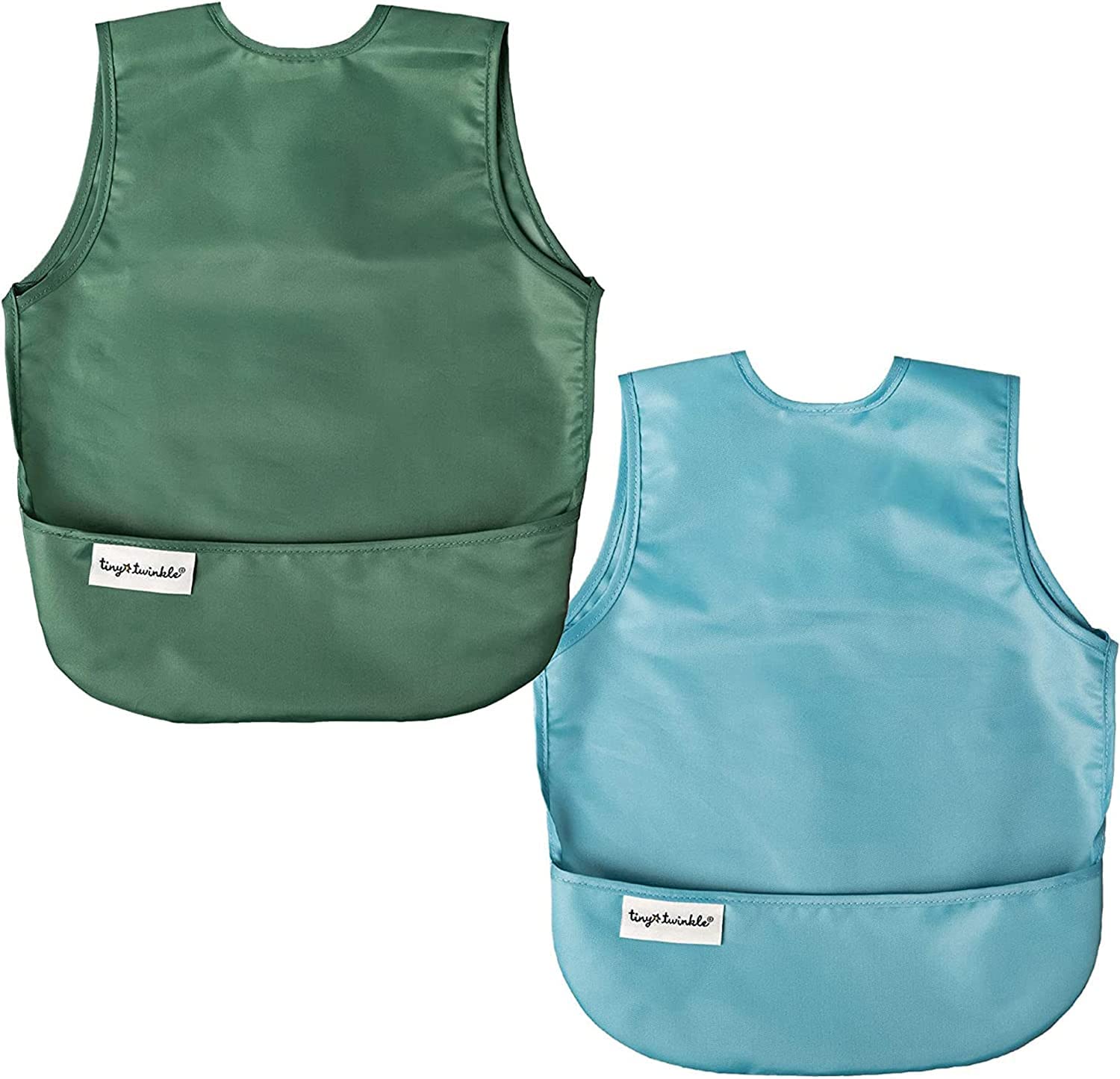 Tiny Twinkle Mess Proof Baby Bibs | 2 Pack Waterproof Toddler Bib for Eating | Baby Apron for Feeding, Machine Washable, Perfect Shower Gift (Slate Olive, 6–24M)