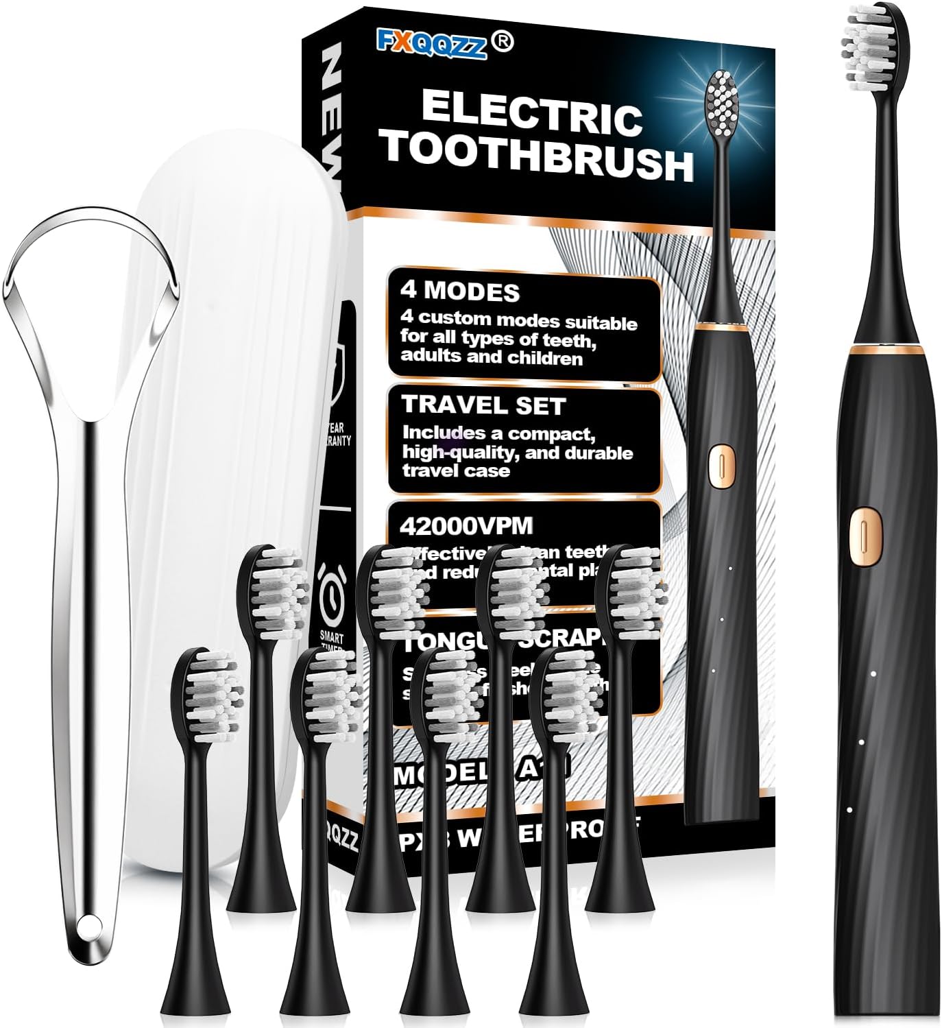 FXQQZZ Electric Toothbrush for Adults and Kids, with Tongue Scraper and Travel Case, 8 Brush Head, Smart Timer & 4 Modes Rechargeable Toothbrush, 42000 VPM Deep Clean, One Charge Last 90 Days – Black
