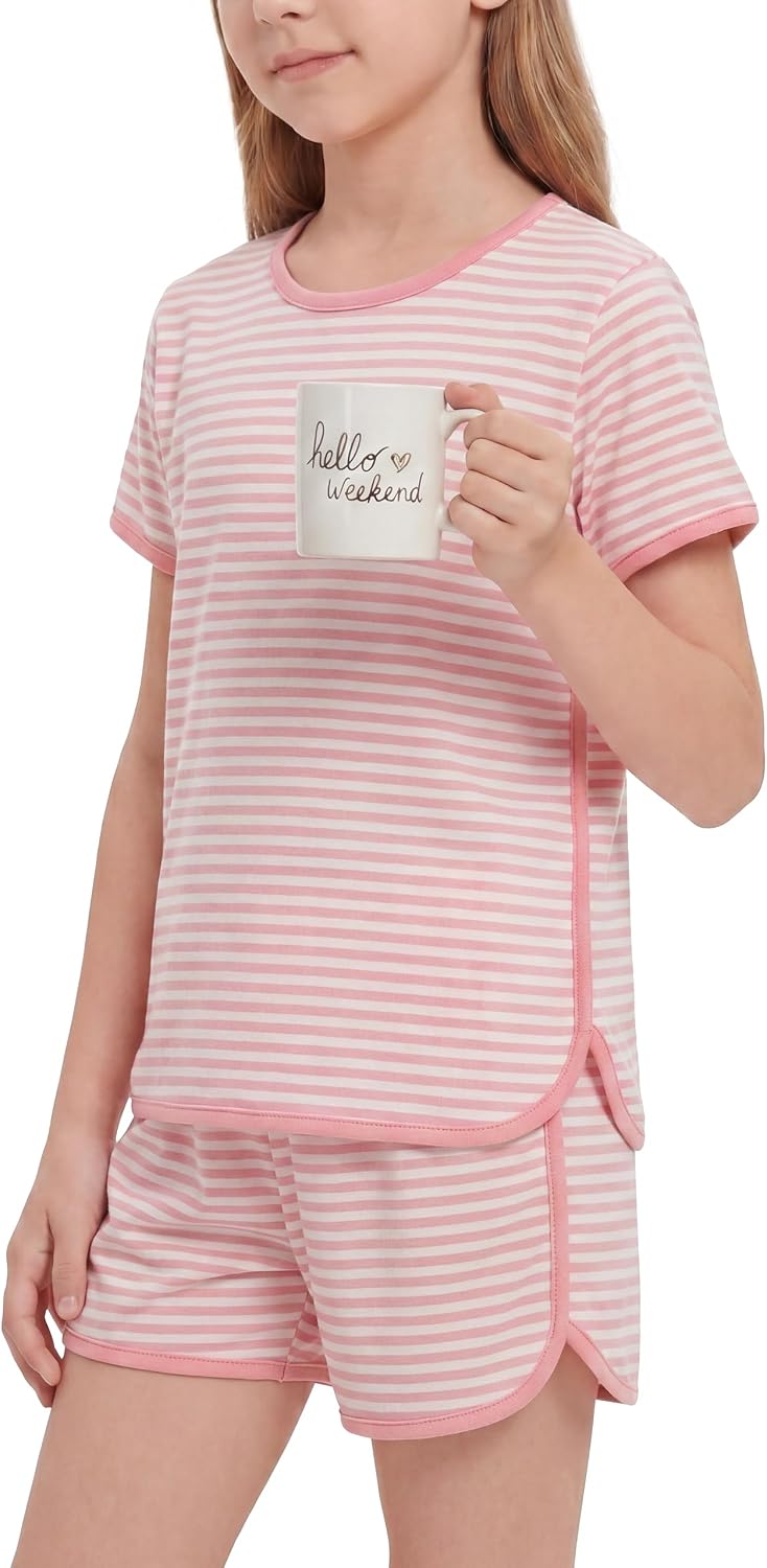 Yoofoss Girls Pajamas Organic Cotton Loose Fit Kids Pjs 2 Piece Sleepwear Short Sleeves & Short Pants Girls Clothes