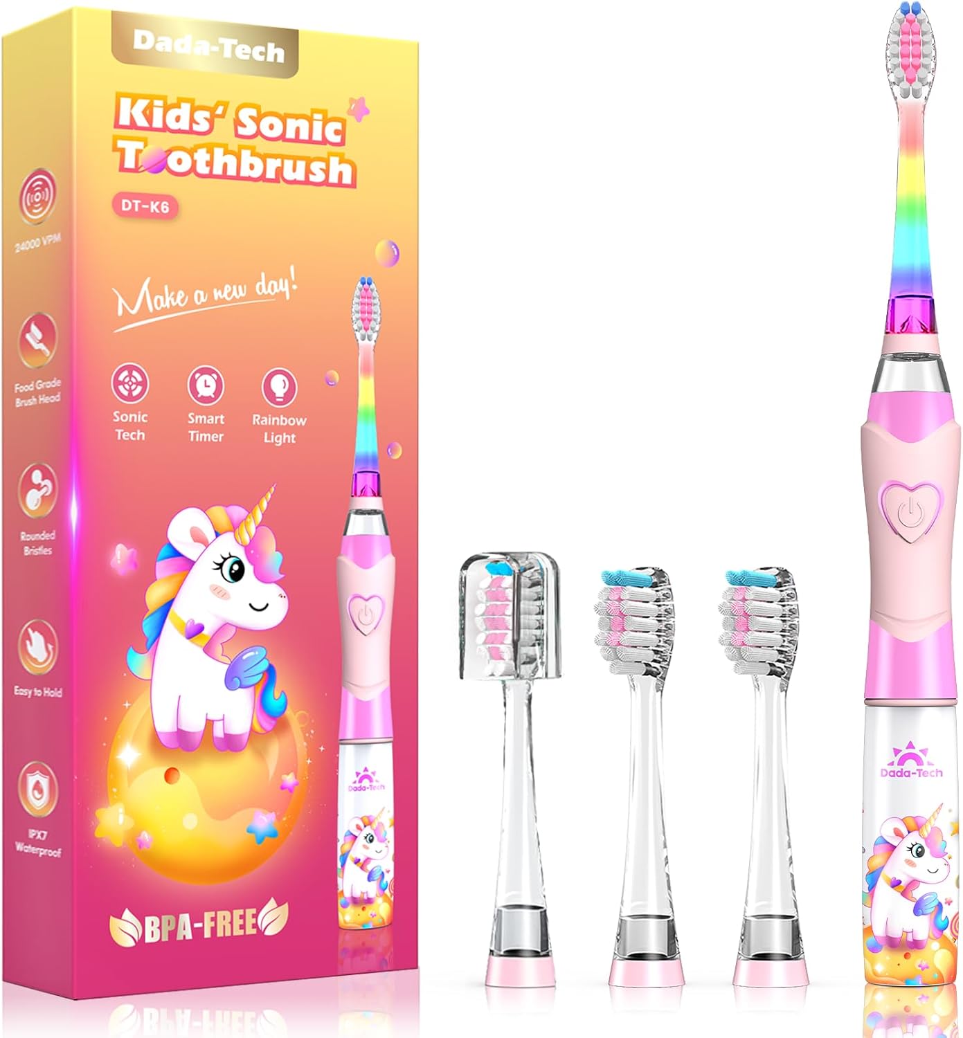 Kids Electric Toothbrush with Timer Toddler Toothbrush Age 2-4-8-12 Electric Toothbrush Kids Rainbow LED Light Up Vibrating Toothbrush Battery Operated Childrens Girls Sonic Tooth Brush (Pink Unicorn)