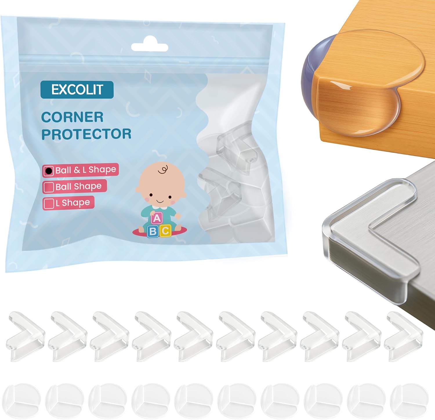 20 Pcs L & Ball Shape Corner Protector Combo Pack for Baby Proofing – 10 L-Shape (4cm) & 10 Ball Cushions (3cm) Clear Edge Safety Bumpers for Sharp Table Corners & Furniture