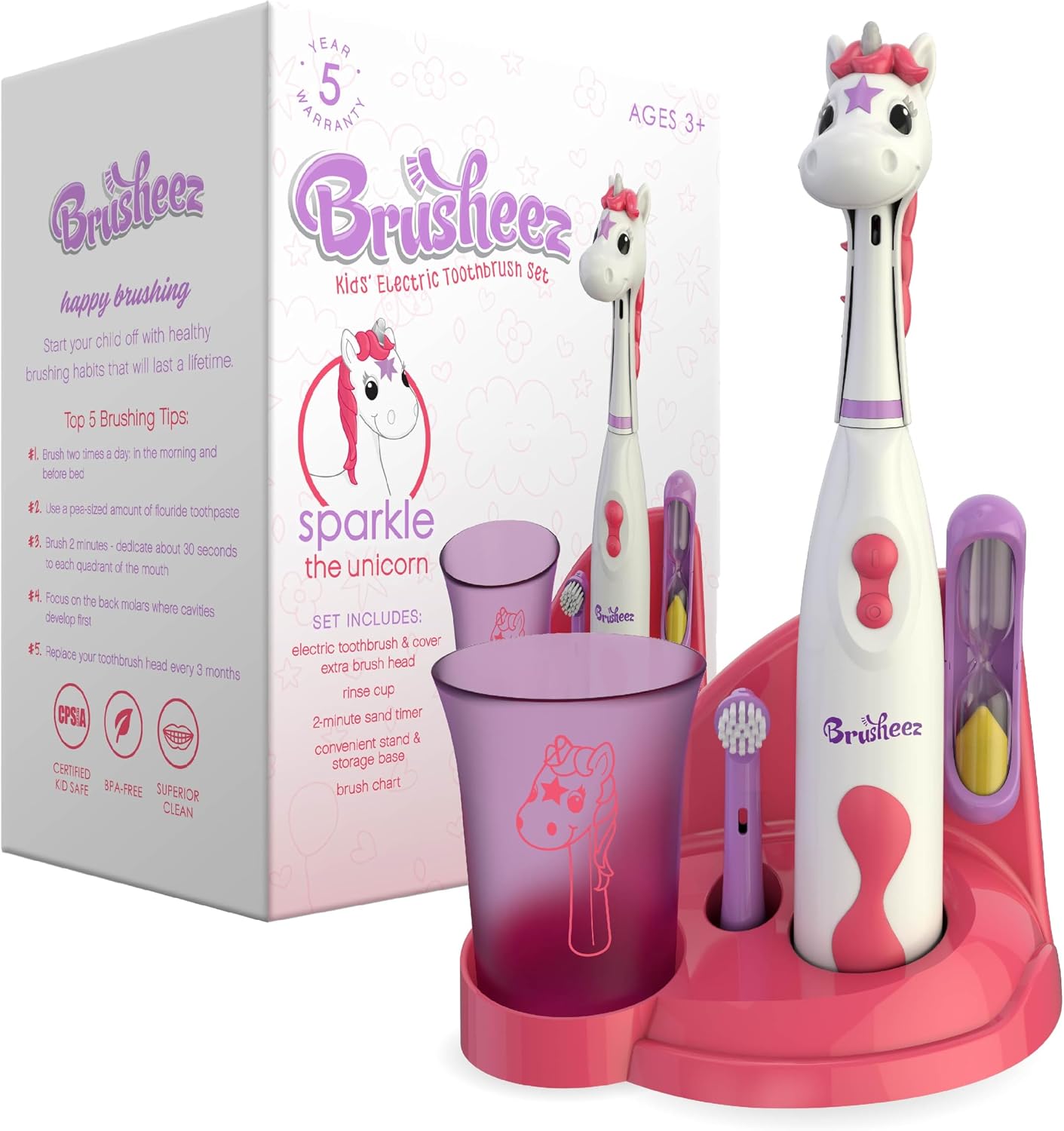 Brusheez Kids’ Electric Toothbrush Set – Safe & Effective for Ages 3+ – Parent Tested & Approved with Gentle Bristles, 2 Brush Heads, Rinse Cup, 2-Minute Timer, & Storage Base (Sparkle the Unicorn)