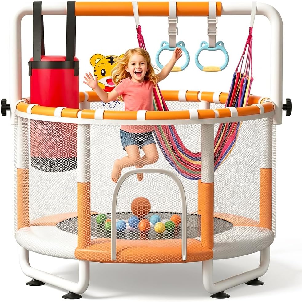 55″ Kids Indoor Trampoline with Safety Net, Adjustable Gymnastics Bar & Toys – Indoor/Outdoor Toddler Play Gym for Boys & Girls Ages 3+, Birthday Gifts