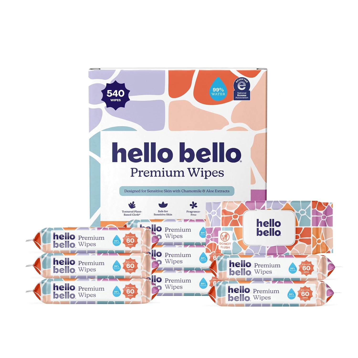 Hello Bello Premium Wipes, Designed for Sensitive Skin with Chamomile & Aloe Extracts, Flower Pop (9 Resealable Packets = 540 Total Wipes)
