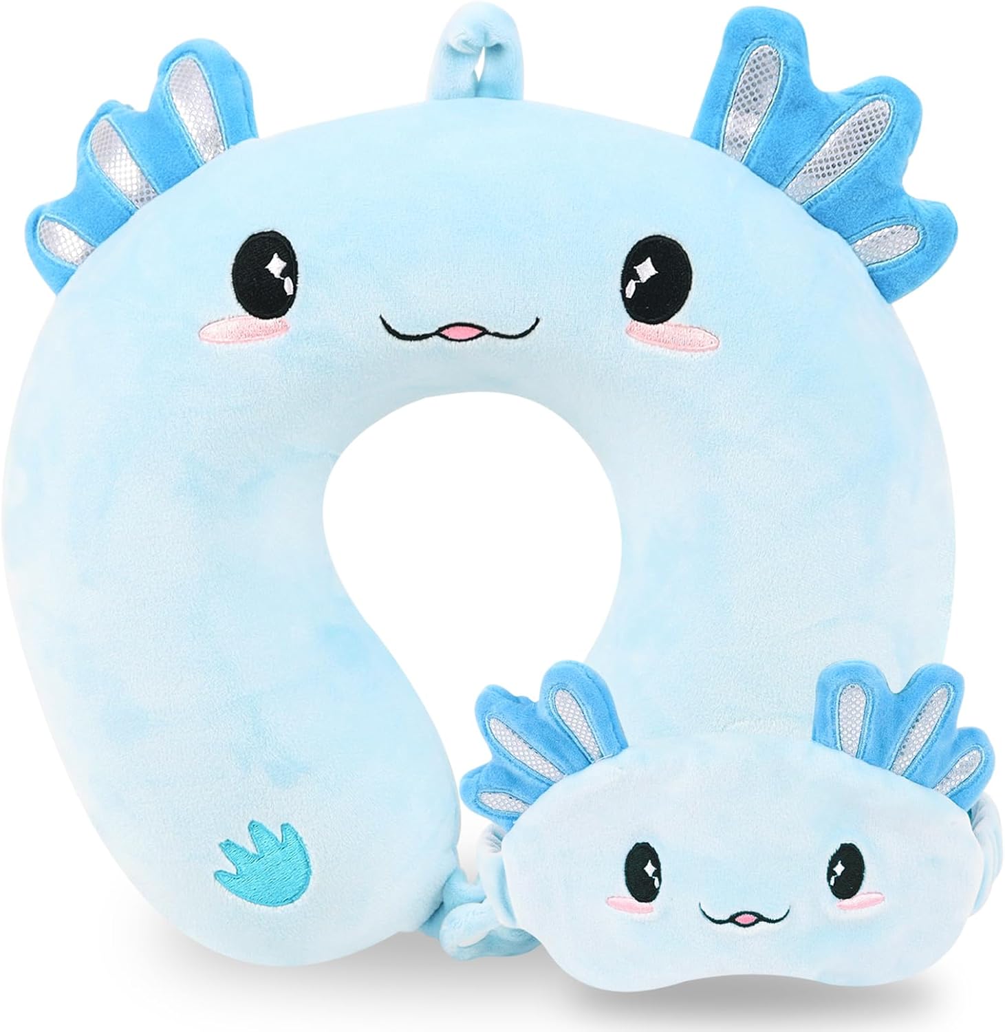 Travel Pillow, Kids Travel Pillow with Sleep Eye Mask Soft Memory Foam Kids Neck Pillow for Boys & Girls, Travel Accessories for Car Airplane Traveling – Blue Axolotl