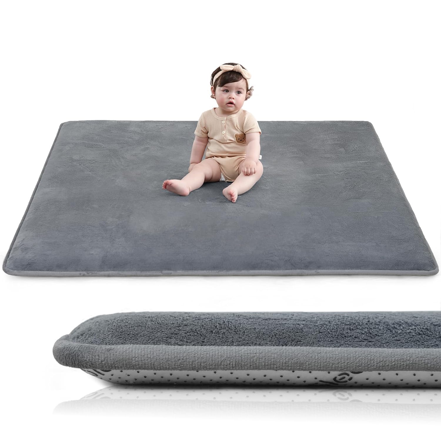 Huloo Sleep Baby Play Mat for Floor,1.3″ Thick Elasti-Foam 50″×50″ Playpen Mat for Tummy Time,Non-Toxic Certified Water Repellent Soft Coral Velvet for Toddler,Infant,Kids,Non-Slip Backing Safe for Crawling(Dark Grey)
