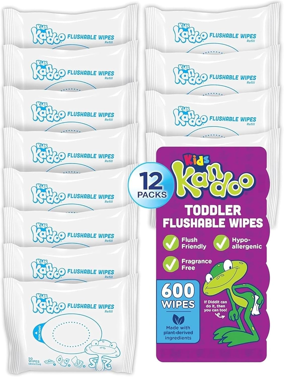 Flushable Wipes for Baby and Kids by Kandoo, Sensitive and Unscented Formula, Hypoallergenic Potty Training Wet Cleansing Cloths, 50 Count, Pack of 12