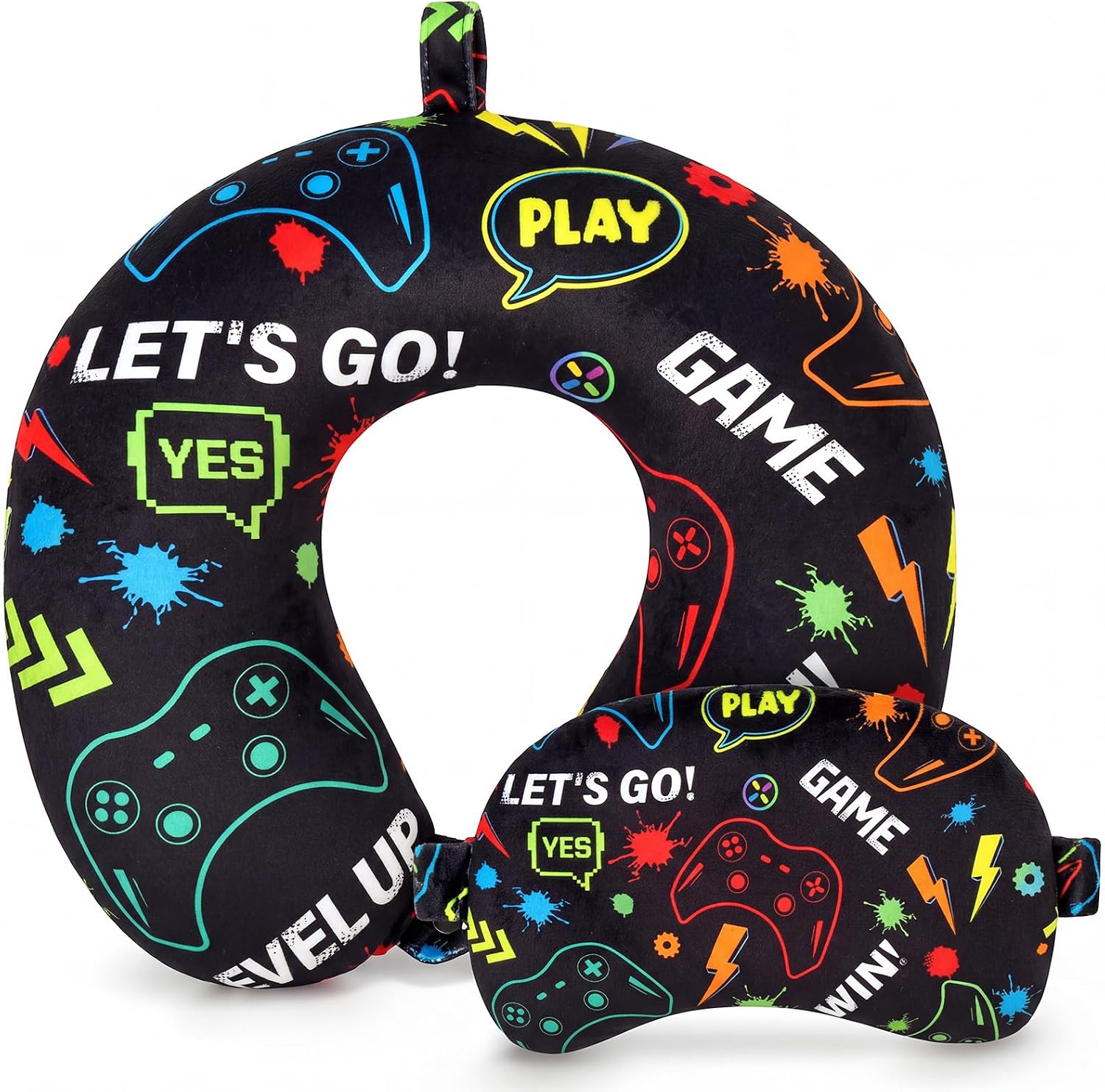 Gilprop 2 Pcs Gaming Travel Pillow with Sleep Eye Mask, U Shaped Memory Foam Headrest & Neck Pillow with Washable Cover, Soft Neck Head Support Travel Accessories for Airplane Car Train Bus Trips