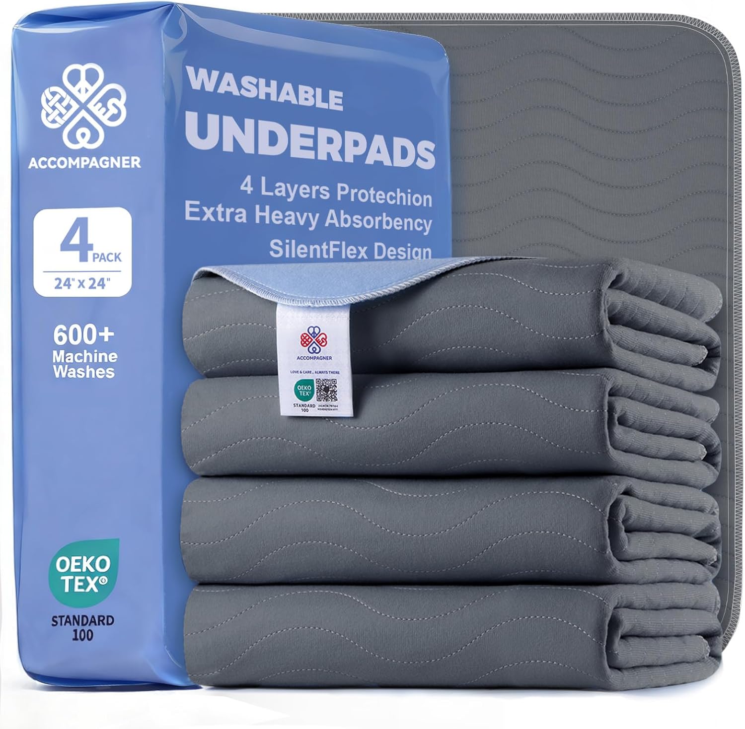 Accompagner Incontinence Bed Pads Washable Waterproof, Ultra-Absorbent Reusable Underpads for Diaper Changing, Nursing, Bedridden, Adults, Seniors, Kids and Dogs (Dark Gray, 24″x24″(Pack of 4))