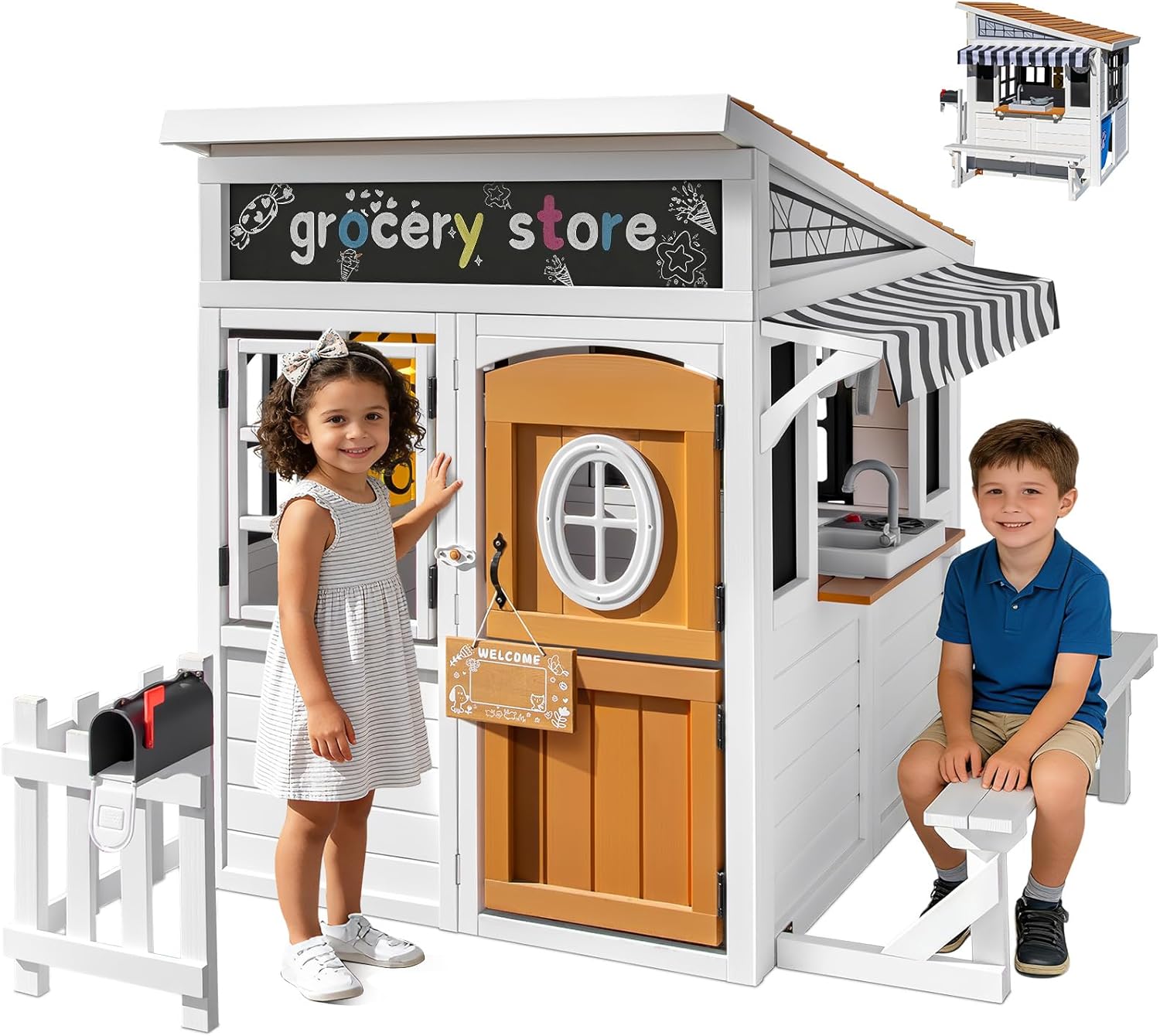 Kids Outdoor Playhouse, Weather-Resistant Cedar Wooden Play House w/Play Kitchen, Tic-Tac-Toe,Chalkboard, Mailbox, Doorbell, Dutch Door & Pet Door for Backyard Garden—Gift for Creative & Social Play