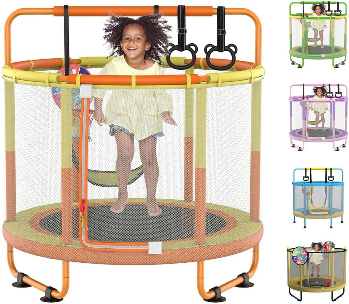 LANGXUN 60″ Trampoline for Kids, 5ft Toddler Mini 6-in-1 Trampoline Indoor Outdoor with Swing, Basketball Hoop, Dart Board, Rings, Christmas Toys Birthday Gifts for Girls Boys