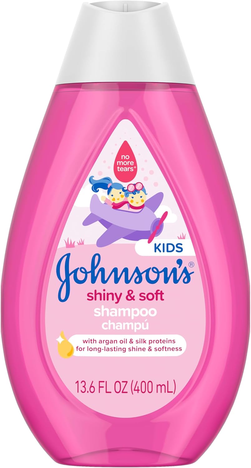 Johnson’s Shiny & Soft Kids’ Shampoo with Argan Oil & Silk Proteins, Daily Kids’ Hair Wash Gently Cleanses & Boosts Natural Shine & Softness, No Added Parabens & Sulfates, 13.6 fl. oz