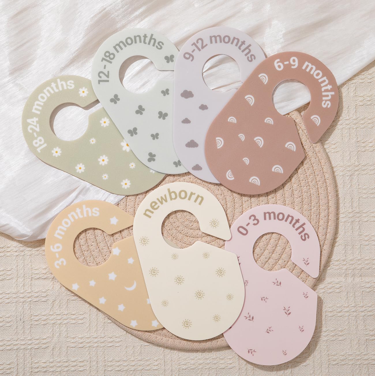 Baby Size Clothes Dividers for Closet: Nursery Hanger Month Dividers for Clothing Organizer – Set of 7 Infant Age Separators from Newborn to 24 Months for Boho Room Decor