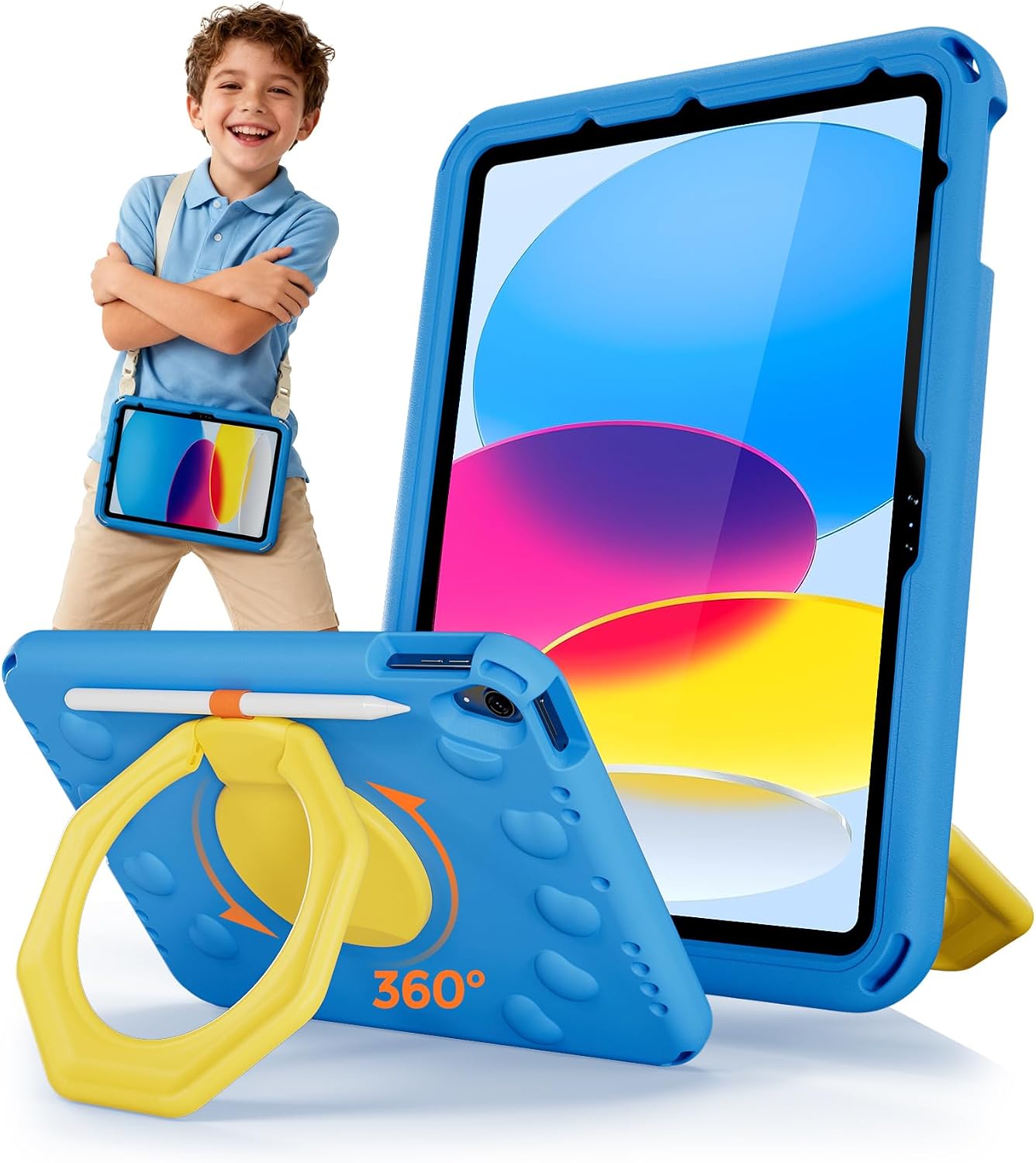 ProCase Kids Case for iPad A16 11th Gen/iPad 10th Gen 10.9 inch/iPad Air 11 inch M4 M3 M2/ Air 5th/ Air 4th, Shockproof Cover with Pencil Holder, Ring Stand Handle, Shoulder Strap -Blue & Yellow