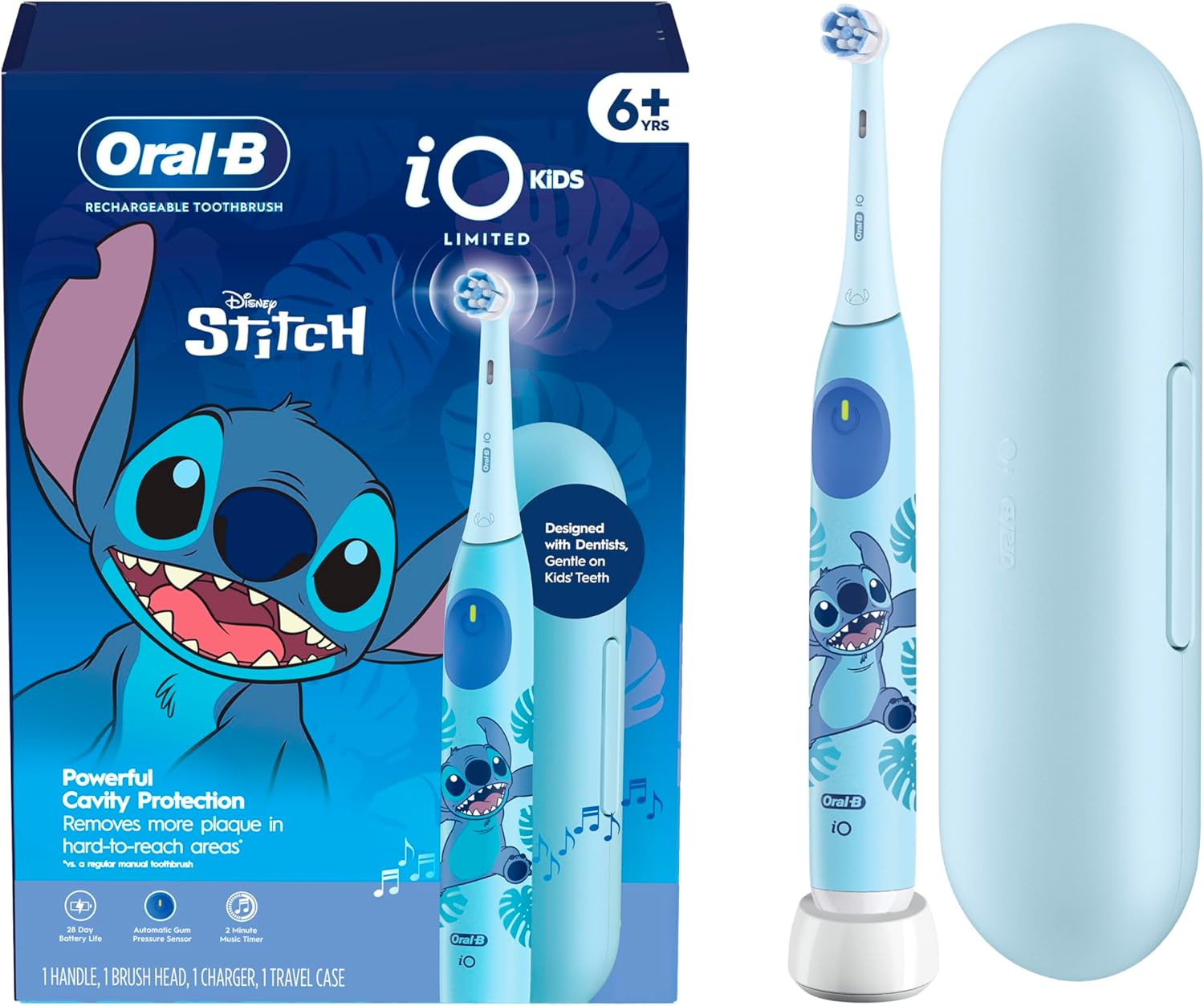 Oral-B iO Kids Limited Rechargeable Electric Powered Toothbrush, Stitch – Automatic Pressure Sensor – 3 Cleaning Settings – Music Timer – 28 Day Battery Life – Travel Case