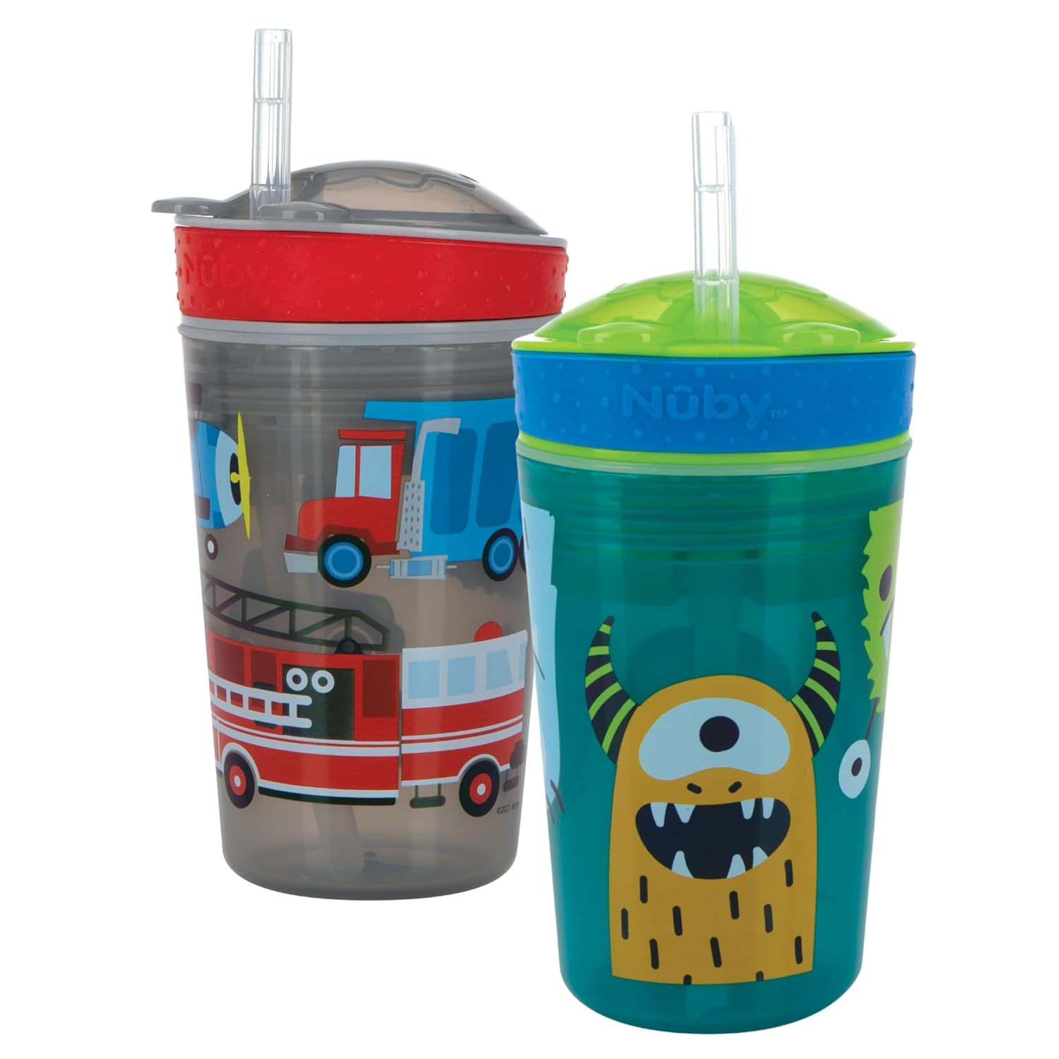 Nuby All in One Snack Bowl and No Spill Soft Straw Cup – 2 Pack Aqua Monsters & Grey Cars – Snack N’ Sip, Holds: 4.5 oz Container with Lid and 9 oz/ 270 ml Straw Cup (12 Months +)