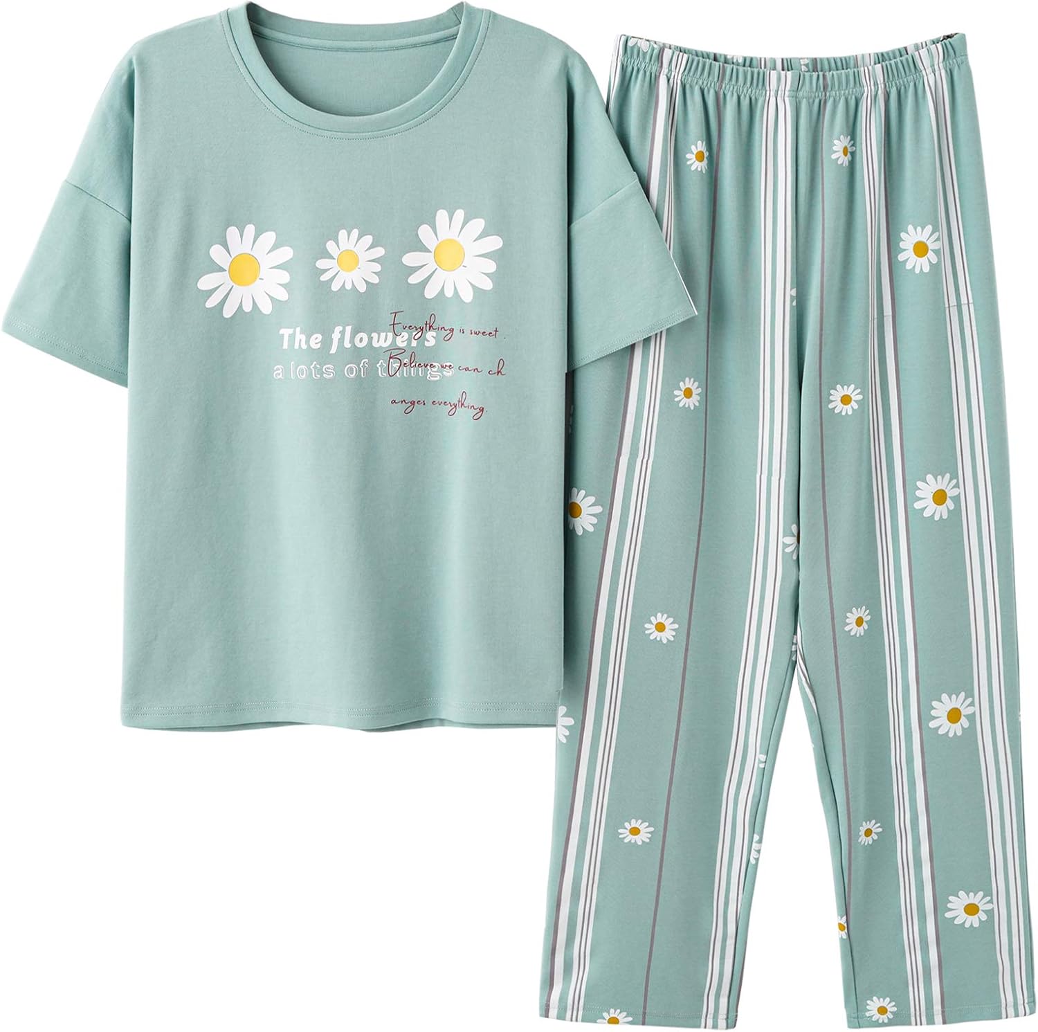 Vopmocld Big Girls’ Short Sleeve Long Pants Pajama Sets 2PCS Cartoon Pattern & Letters Printed Sleepwear Lounge for Teens