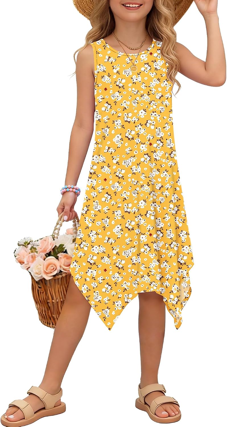 Girls Sleeveless Round Neck Summer Kids Toddler Casual 2026 Asymmetrical Hem Dress with Pockets
