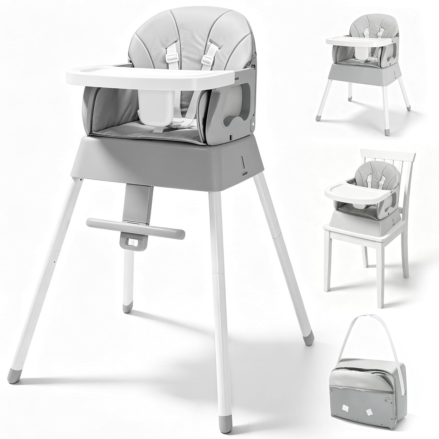 5 in 1 Foldable Baby High Chair,Convertible Highchair for Babies and Toddlers-Portable Infant Booster Seat,Foldable Dining Chair,Toddler High Chair with 5-Point Harness,Removable Tray (Grey)
