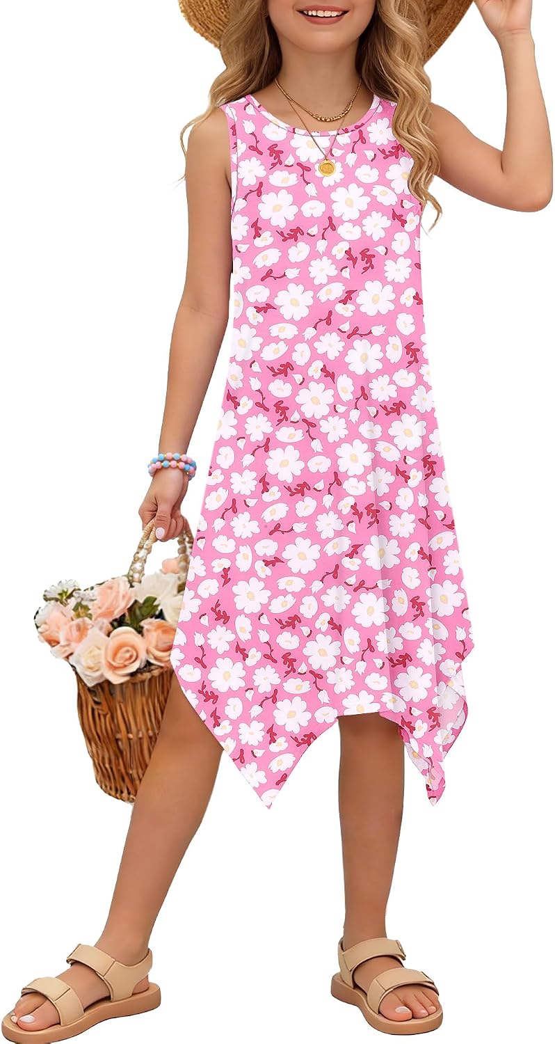 Girls Sleeveless Round Neck Summer Kids Toddler Casual 2026 Asymmetrical Hem Dress with Pockets