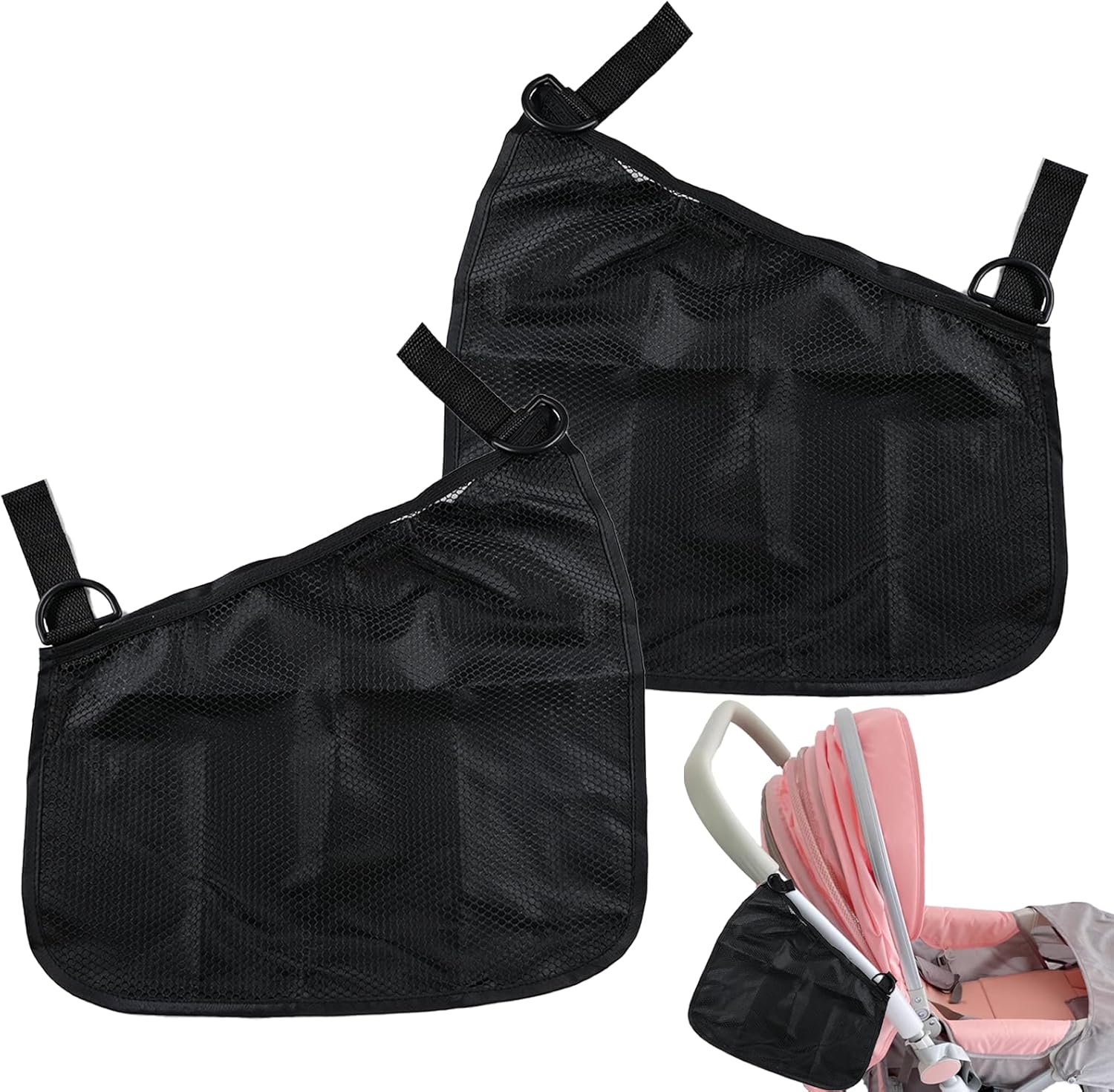 2PCS Universal Side Sling Stroller Cargo Net,Portable Storage Mesh Bag,Stroller Storage Organizer Bag,Non-Slip and Adjustable Straps Side Sling Mesh Organizer(Black)
