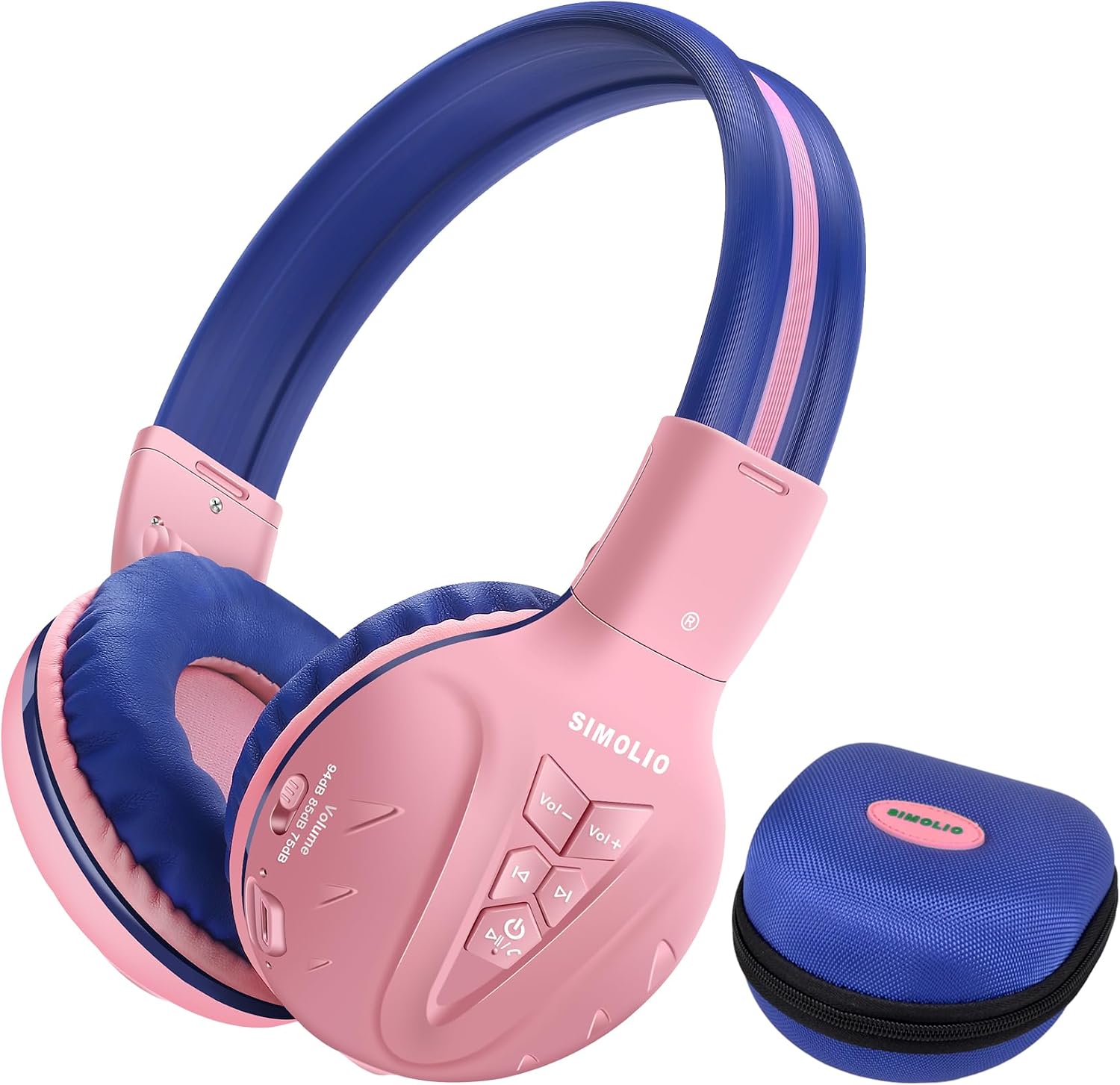 SIMOLIO Kids Wireless Headphones w/Mic, 75/85/94dB Safe Volume for Toddler | Durable & Foldable Headsets for Travel/Plane, Case, 30H Battery, Wired Cord & Share Port, Bluetooth 6.0 for iPad Tablet PC