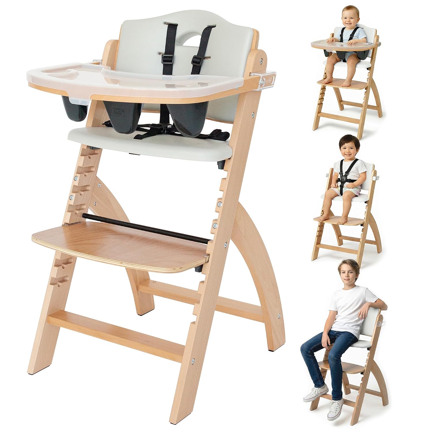 Abiie Beyond Junior Wooden High Chair for Babies and Toddlers – Convertible 3-in-1 Baby Highchair with Removable Tray – 6 Months to 250 Lb – Water Resistant – Natural Wood/Dove Grey Cushion
