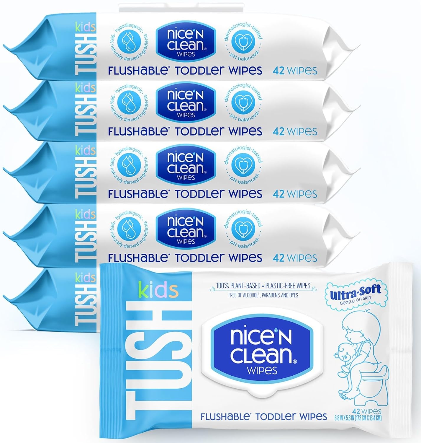 Nice ‘N CLEAN Flushable Toddler Wipes 42ct (6-Pack) | 100% Plant-Based, Unscented Wet Wipes for Sensitive Skin | Potty Training Essentials | Flushable Baby Wipes for All Ages