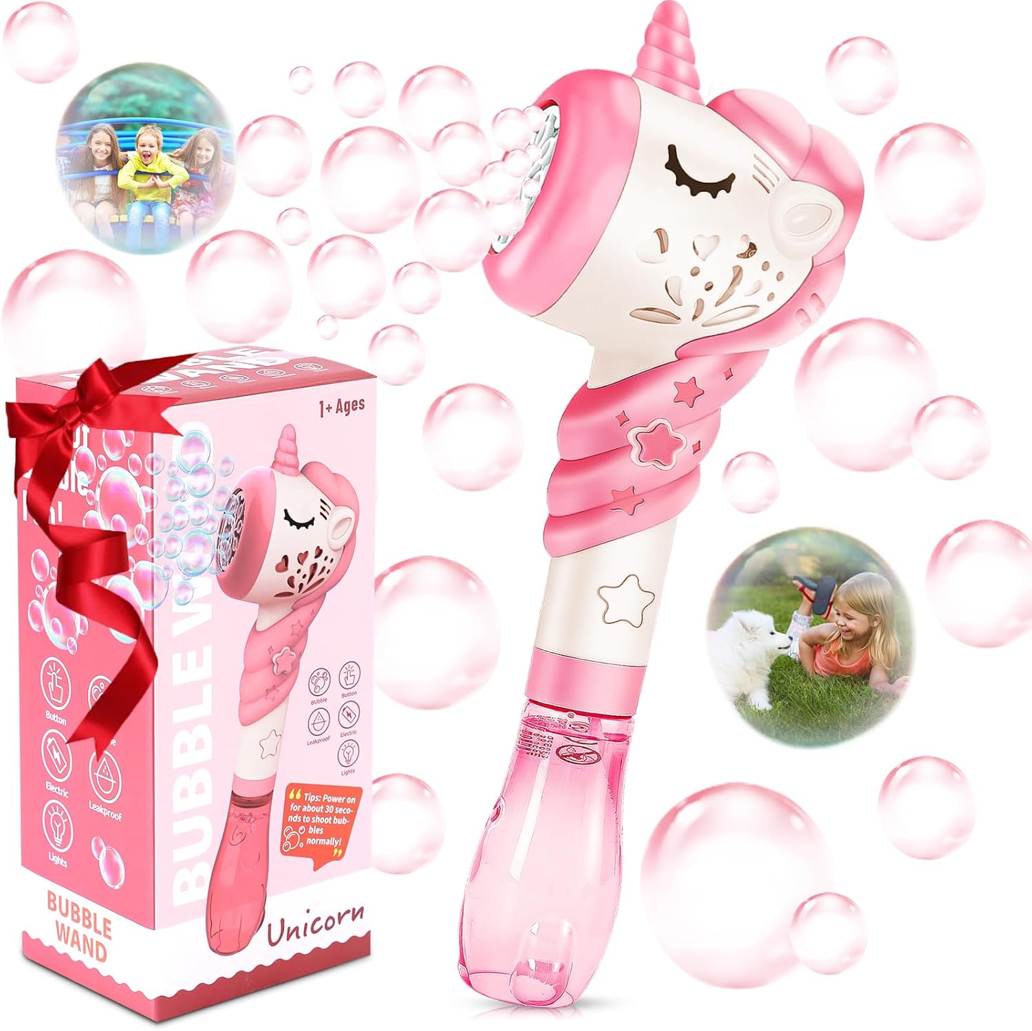 Unicorn Bubble Machine Wand Gifts for Kids Toddlers Age 1 2 3 4 5 6 7 8 Years Old Birthday Party Unique Cute Baby Outdoor Outside Summer Toy Easter Day Game for Little Girl Boy Include Solution Pink