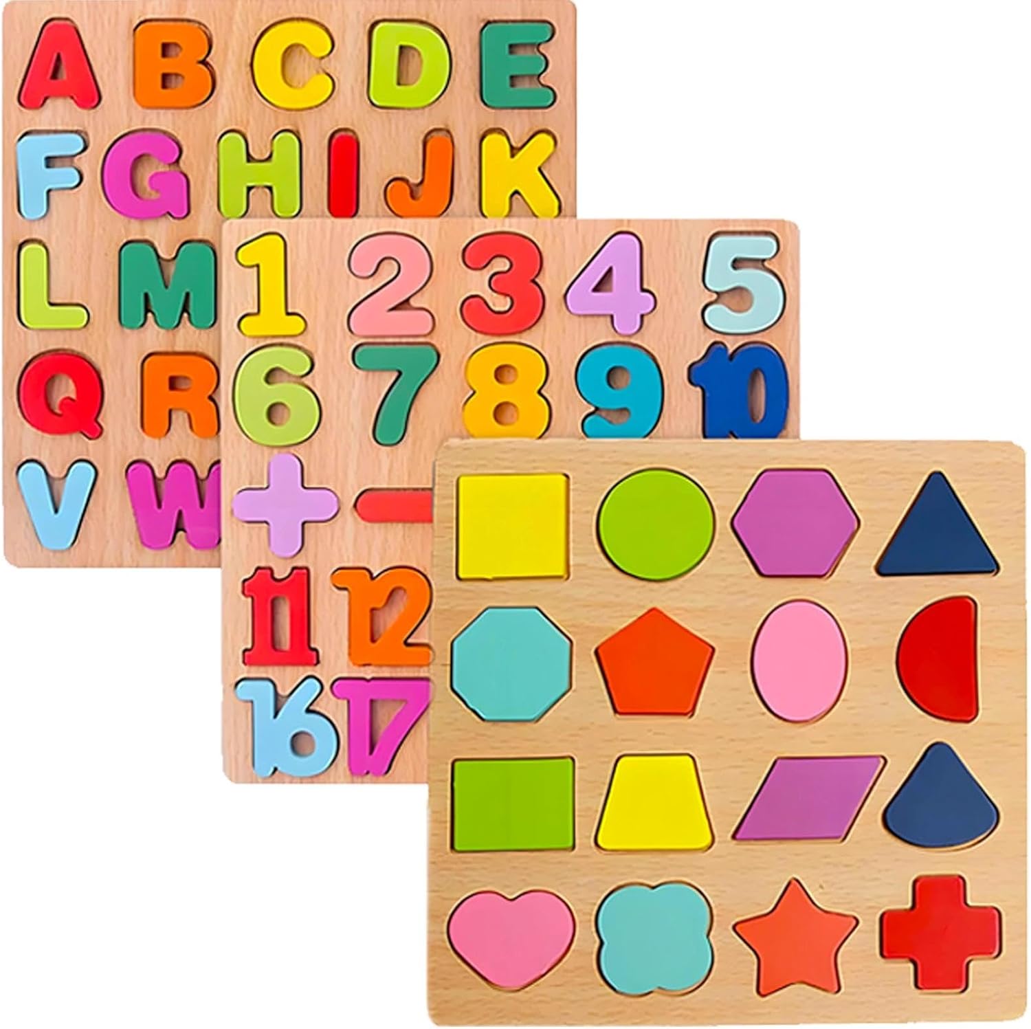 Wooden Puzzles for Toddlers 3-5, Boys & Girls, Montessori Toddler | 3 in 1 Wooden Puzzle, Alphanumeric Graphics Cognitive, for toddlers 3-5 make, natural wood, gift for a birthday