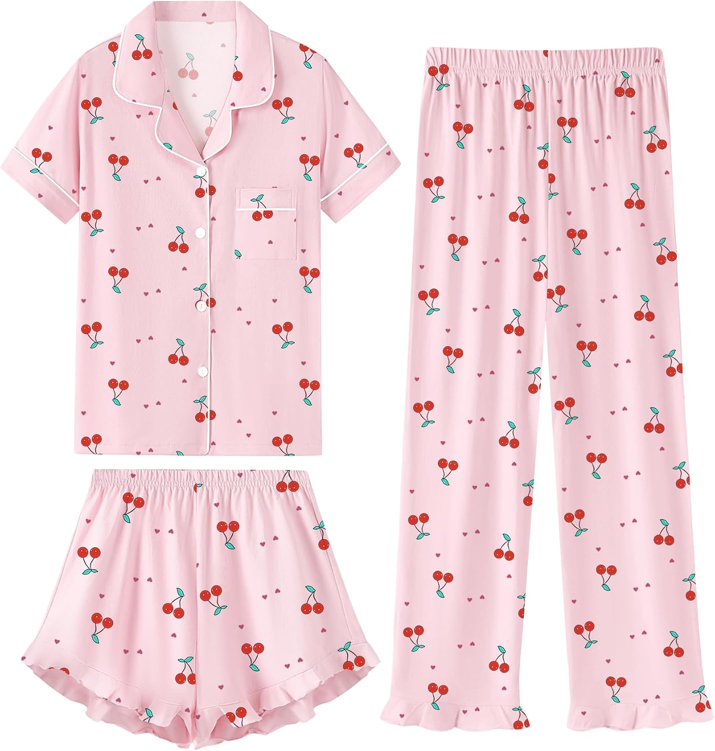 QZH.DUAO 3 Piece Girls Pajama Sets 100% Cotton Ruffle Long Pants with Shorts Sleepwear 3pcs Button Down PJs 5-14 Years