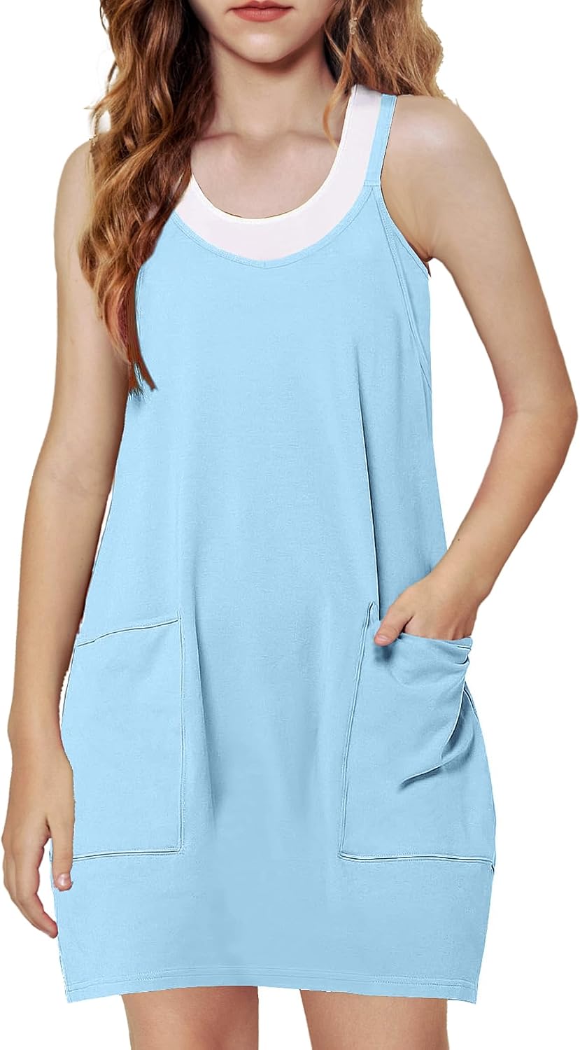 Arshiner Girls Dress with Shorts Casual Summer Spaghetti Straps One Piece Romper Dresses with Pockets for Kid 5-15 Y