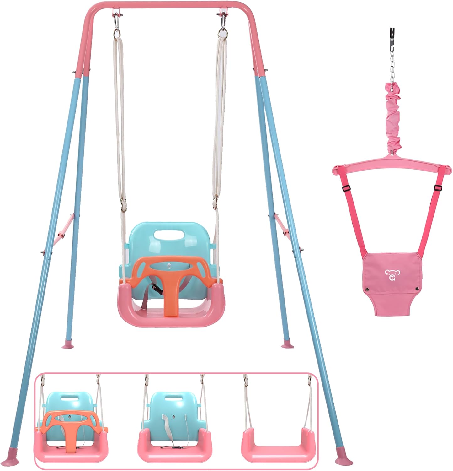 2 in 1 Toddler Swing ＆ Jumper, Swing Set for Indoor/Outdoor, Baby Jumpers and Bouncers, Easy to Assemble & Store, Suitable for Children 6 Months and Older (Pink)