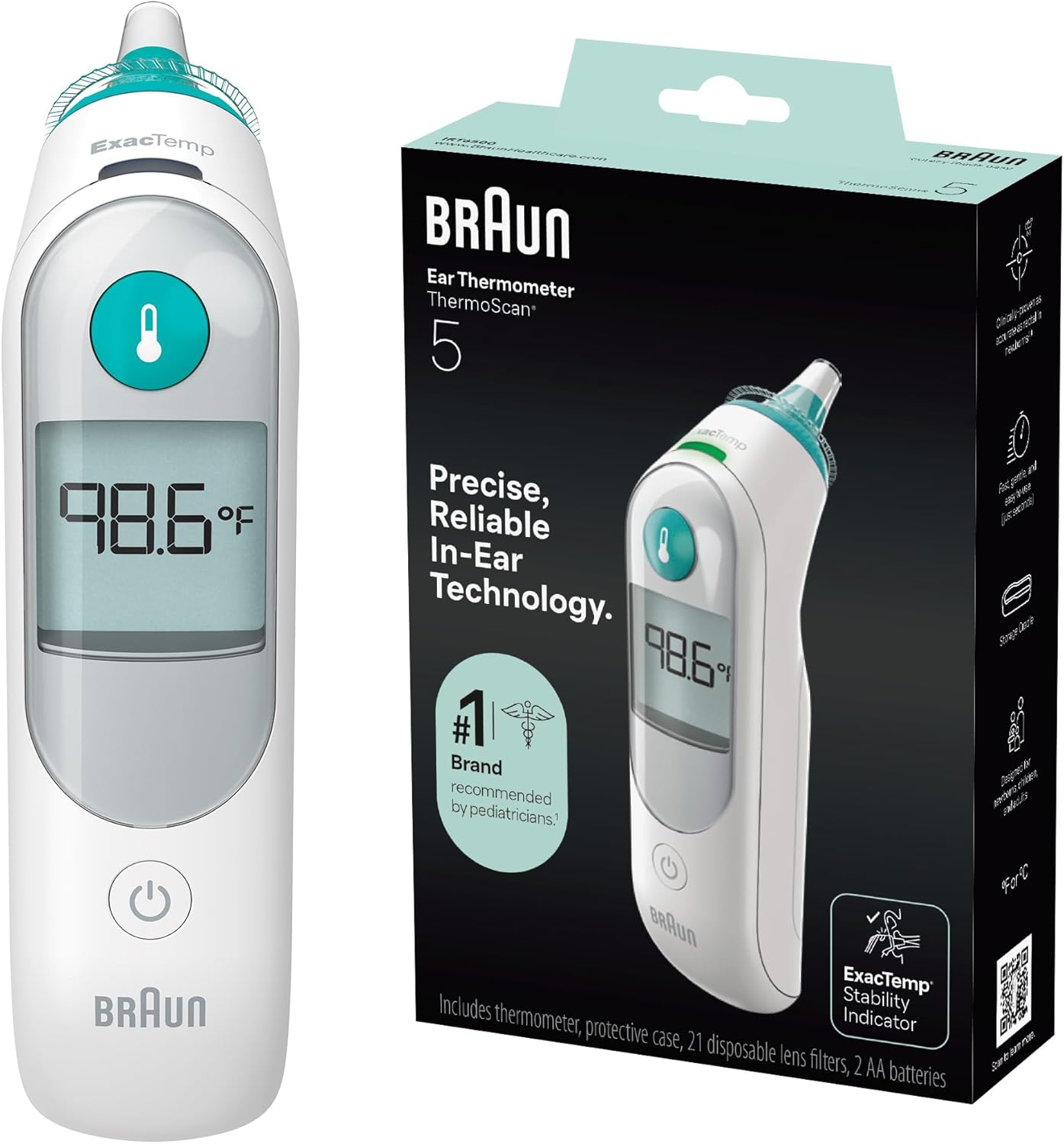 Braun ThermoScan 5 Ear Thermometer, Digital Display, Baby and Infant Thermometer with ExacTemp Stability Indicator for Professional Accuracy, Recommended by Pediatricians