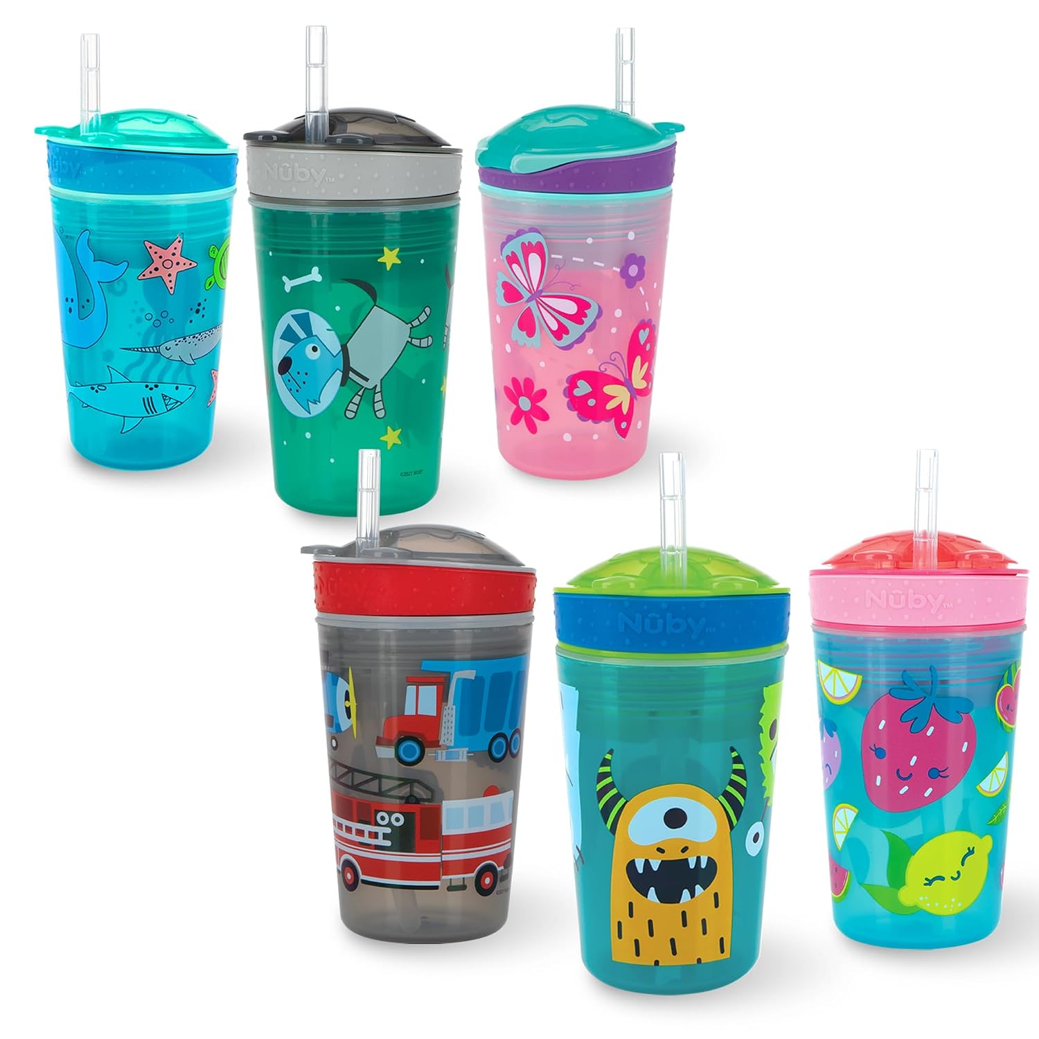 Nuby All in One Snack Bowl and No Spill Soft Straw Cup – Snack N’ Sip Colors and Prints May Vary – Holds: 4.5 oz Container with Lid and 9 oz/ 270 ml Straw Cup (12 Months +)