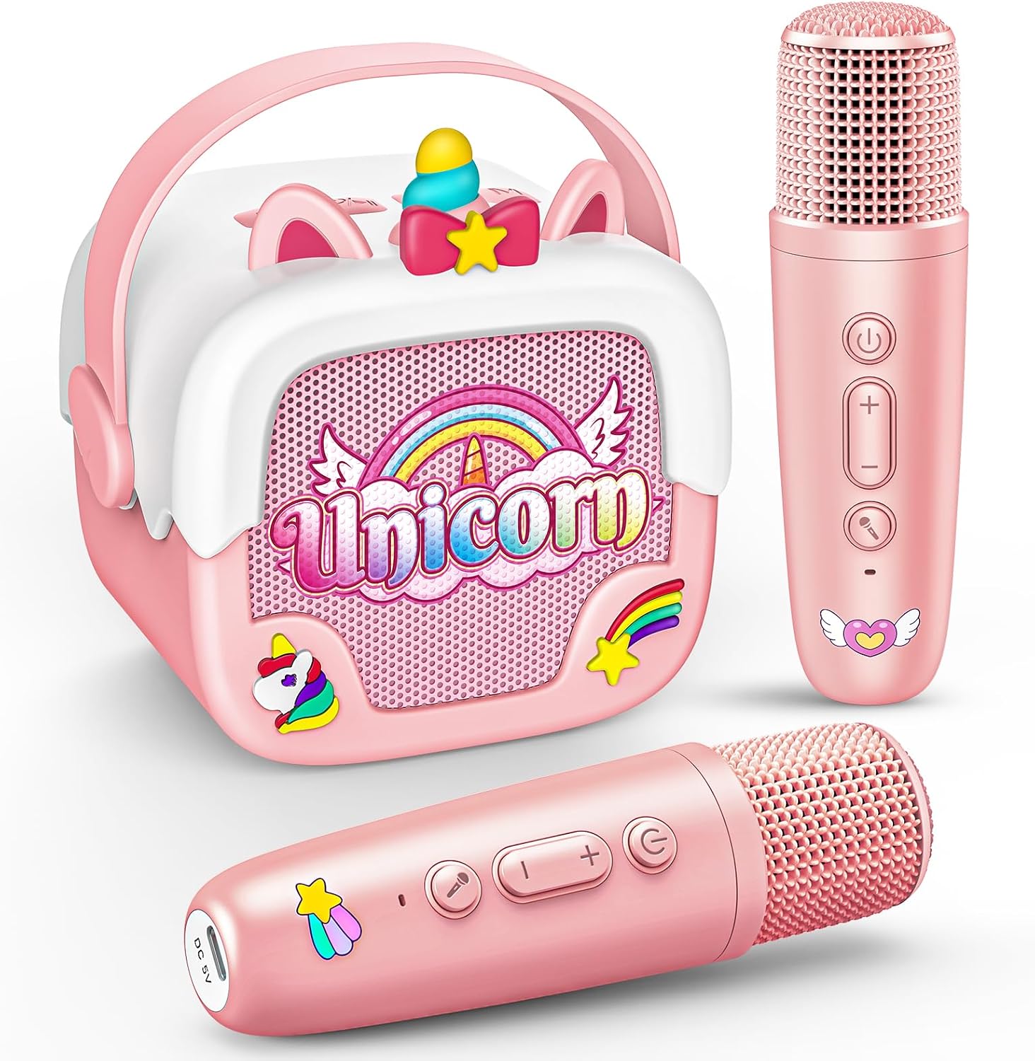 Mini Karaoke Machine for Kids Girls: Unicorn Portable Bluetooth Speakers with 2 Wireless Mic Birthday Gifts for 5 6 7 8 9 10 11 Years Teen Toys for Girls Age 4-6 7 8 9 Pink