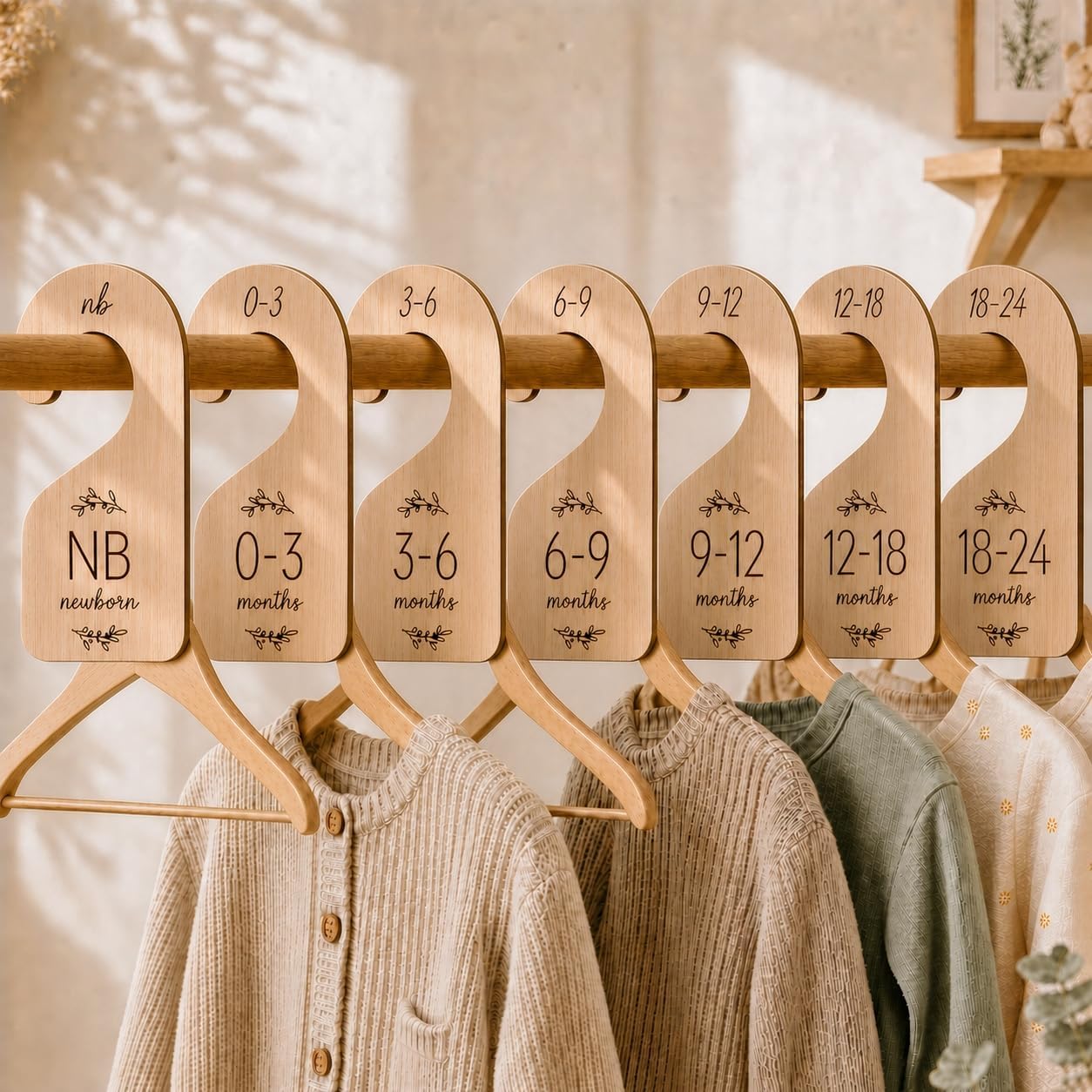 Baby Closet Dividers for Clothes Organizer – Set of 7 Adorable Wooden Double-Sided Baby Clothes Size Hanger Organizer from Newborn to 24 Months for Nursery Beautiful Decor