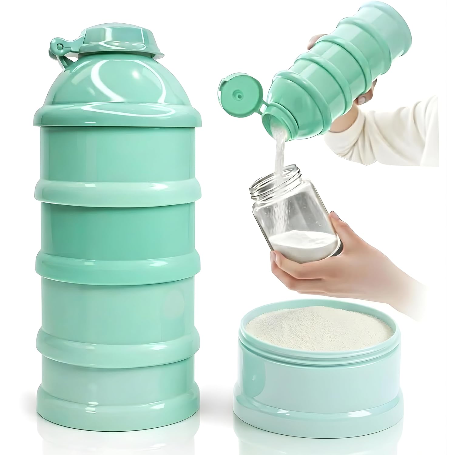 Mommy’s Helper Baby Formula Dispenser On The Go, Stackable Travel Formula Container To Go, Non-Spill Pour Spout, 4-Compartment Powder Storage (Tidal Teal)