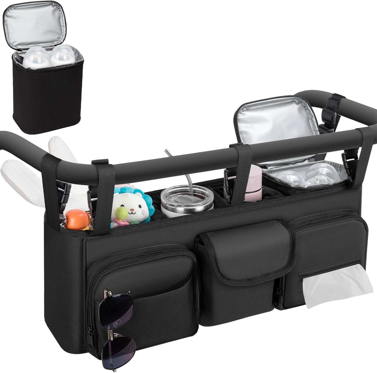 GDNasist Double Stroller Organizer Compatible with Bob Duallie and Baby Jogger City Mini GT2, Double Baby Stroller Accessories with Cooler Bag, Parent Console Double Jogging Stroller Caddy, Black